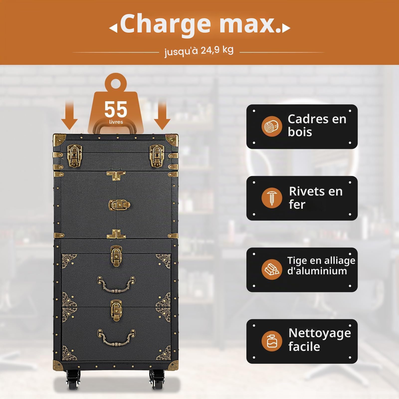 Valise de Maquillage à roulettes avec SèChe-Cheveux Support | Malette Professionnelle pour Onglerie et Coiffure avec 3 Tiroirs et Système de Verrouillage, Plusieurs Compartiments, Noir