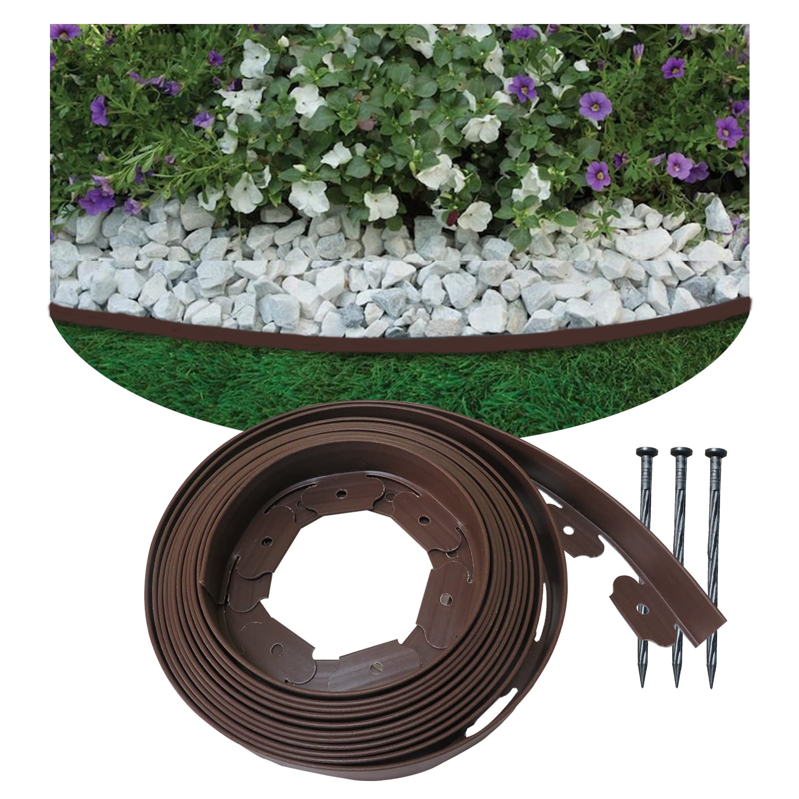 Landscape Edging Border, Plastic Edging for Landscaping, Garden Edging Border,Lawn Edging,Garden Borders,Flower Bed Edging,Rubberific Landscape Edging, (Plastic Stakes, Brown-100Feet)