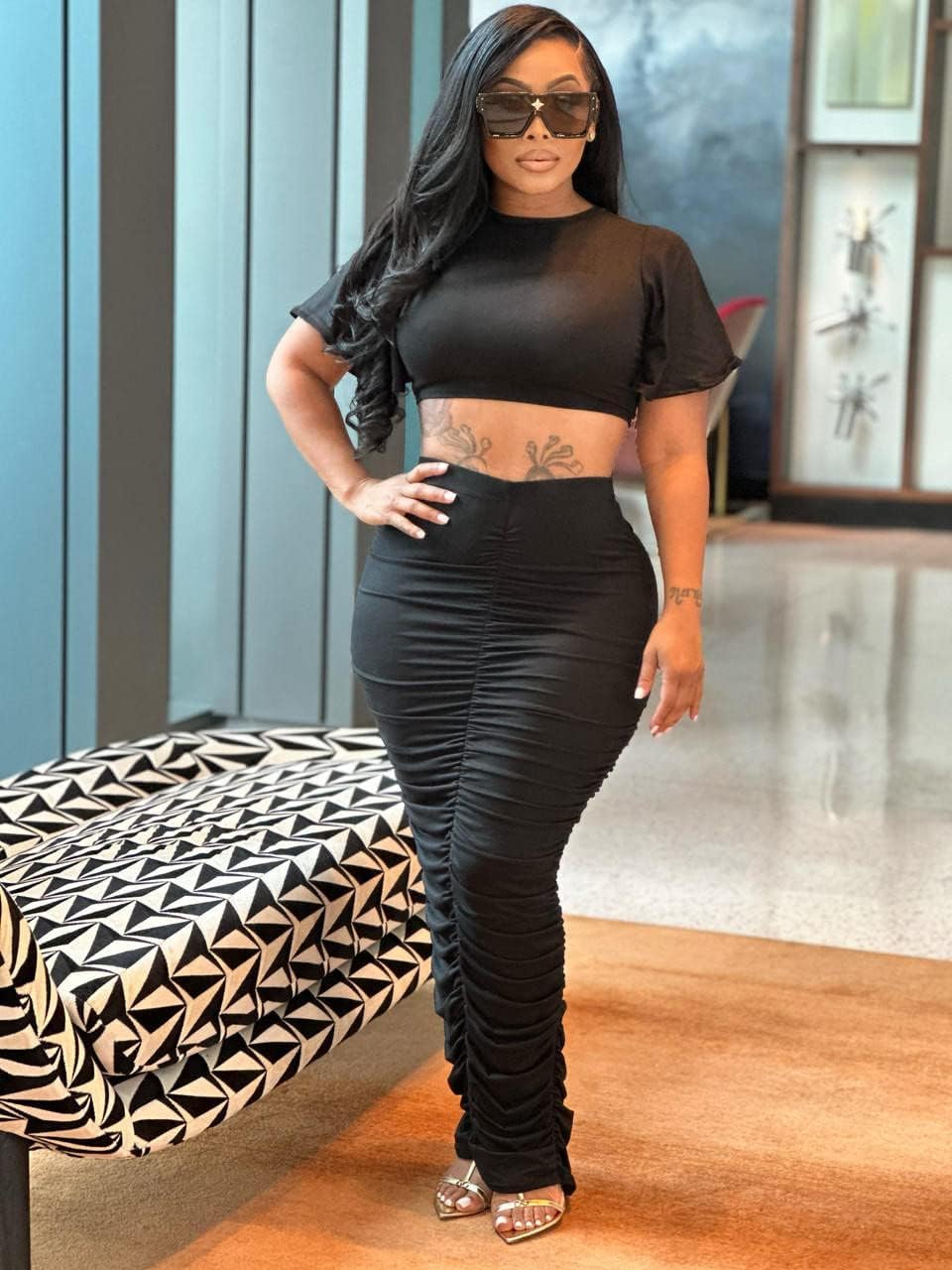 Women's 2 Piece Outfits Flare Sleeve Crop Tops Sexy Bodycon Jumpsuits Maxi Dresses Midi Ruched Skirt Sets - Image 3