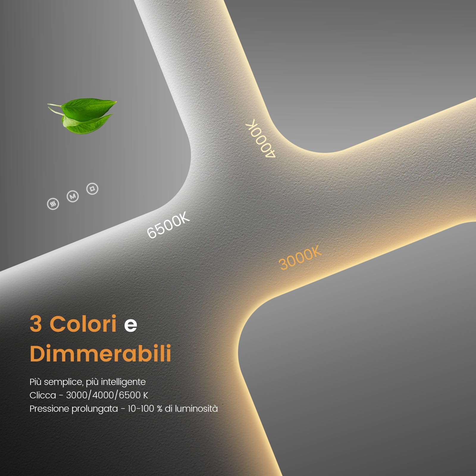 EMKE Specchio da bagno con illuminazione 60x60 cm, Anti-Appannamento, 3 colori di luce regolabili, luminosità regolabile, funzione memoria, risparmio energetico, Specchio LED Quadrato