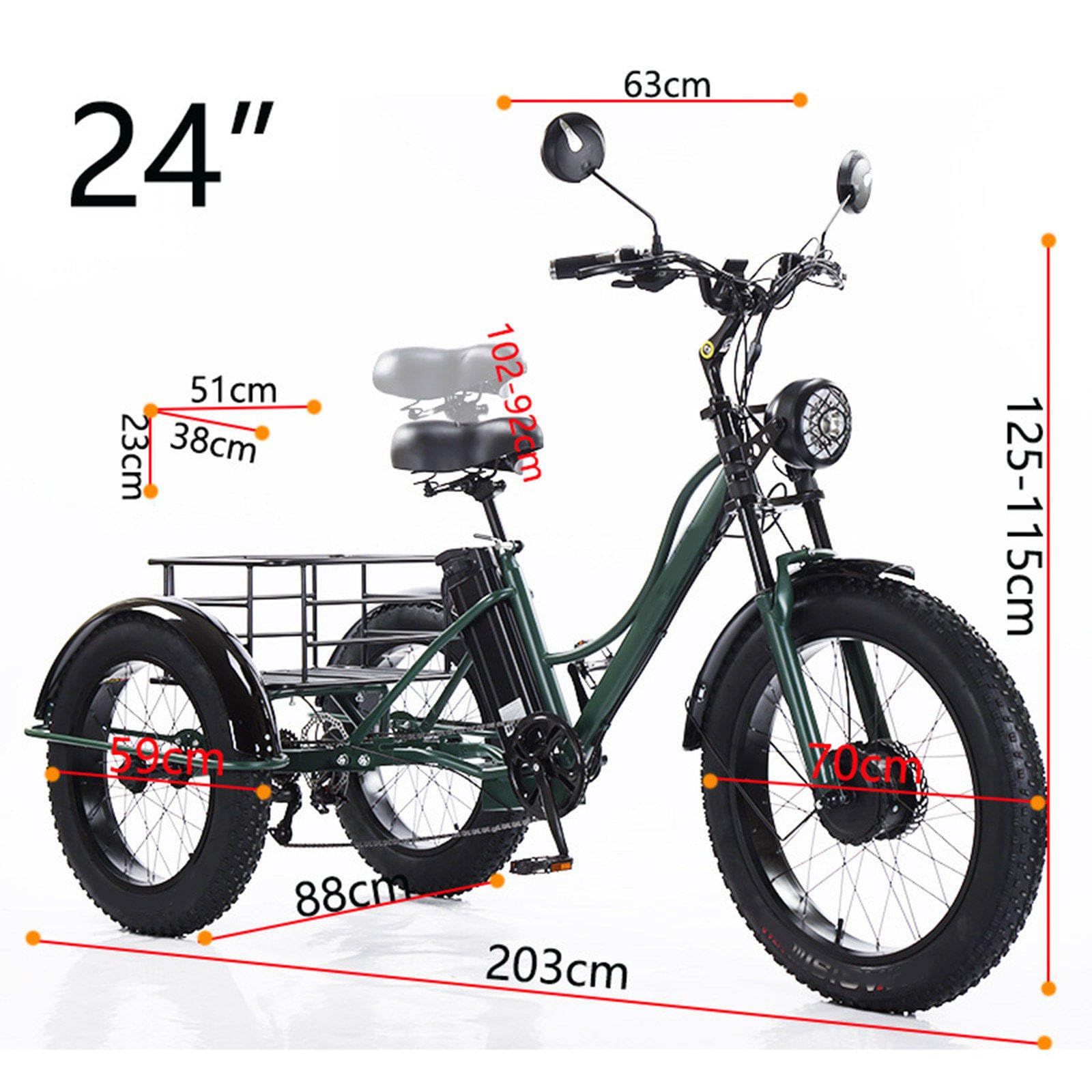 VéLo éLectrique à Gros Pneus De 24 Pouces,Tricycle Cargo éLectrique à Trois Roues 48 V pour Adultes Et Personnes âGéEs, avec Batterie Amovible,éCran LCD Intelligent,3 Modes De Conduite Black