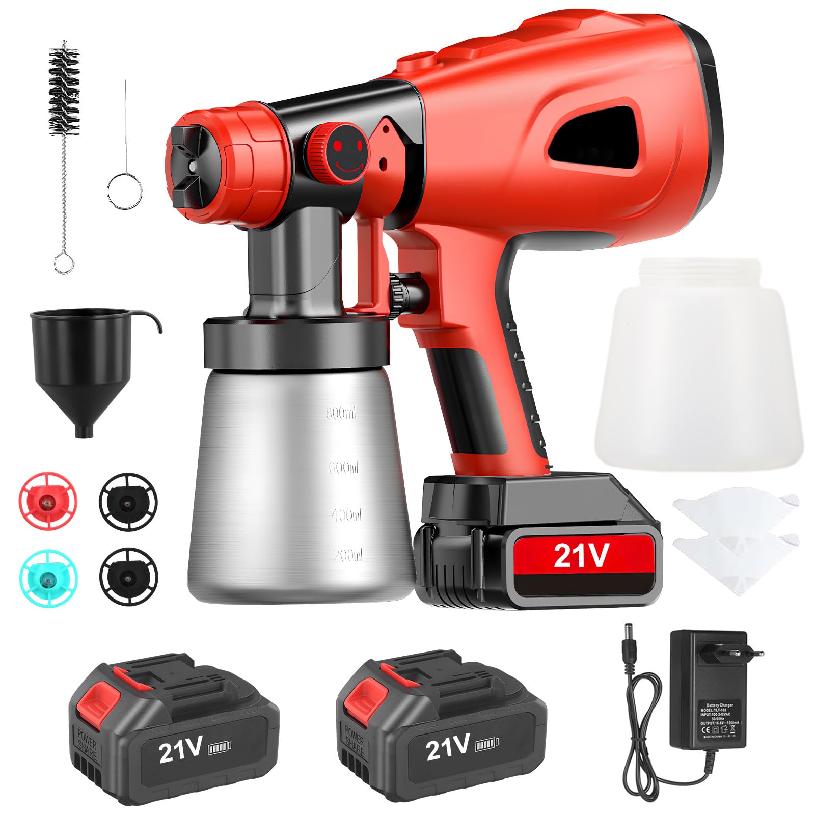 Pistola de pintura eléctrica HVLP 850W con tanque de agua de 800 ml, 5 boquillas, 2 baterías de litio 2600 mAh y cargador de 21 V, para casa, armarios, vallas, techo (rojo)