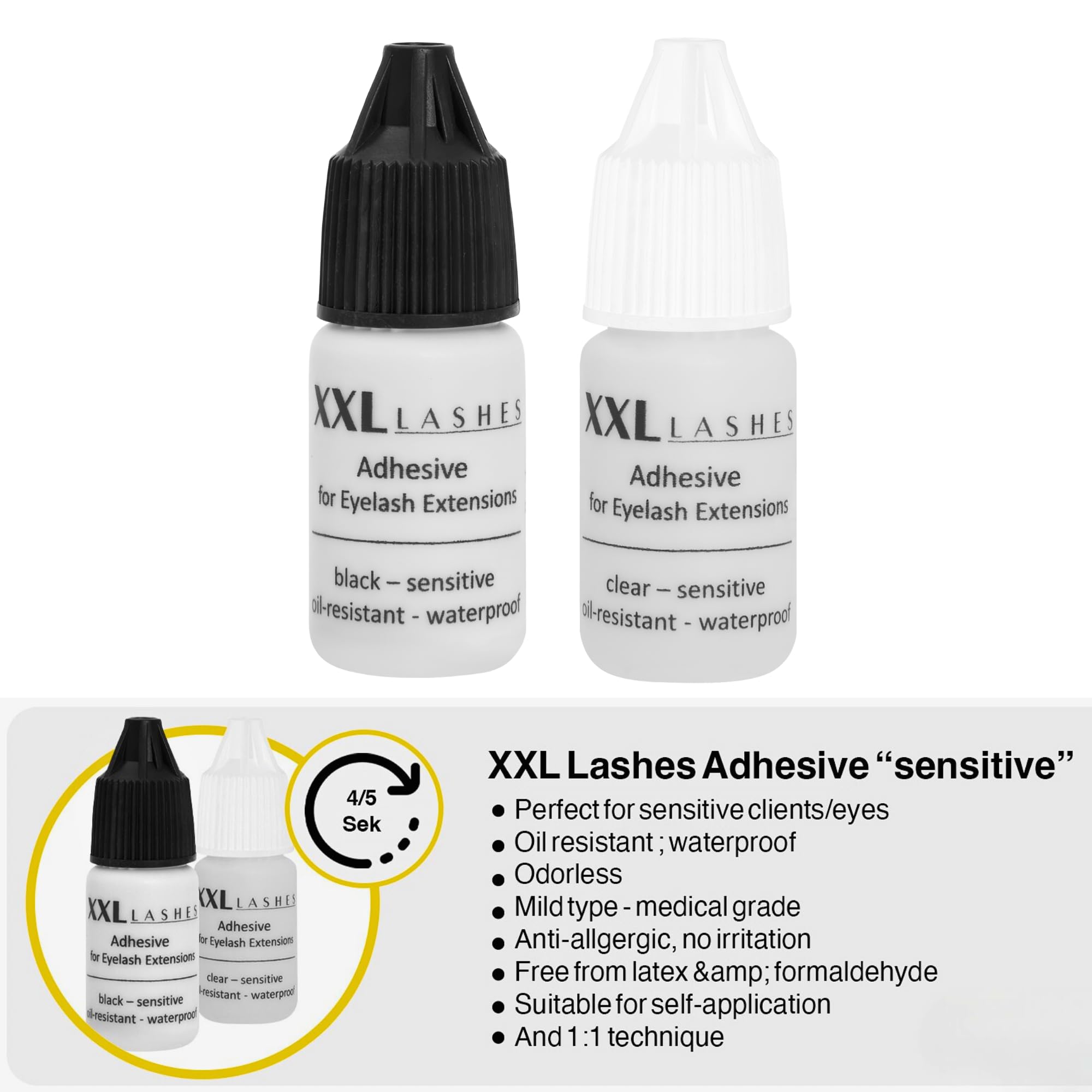 Klej do rzęs, XXL Lashes Adhesive, odporny na olej, wrażliwy klej do przedłużania rzęs, wodoodporny, bezzapachowy, antyalergiczny, certyfikowany pod kątem bezpieczeństwa, wegański – przezroczysty (data napełniania na dnie butelki)