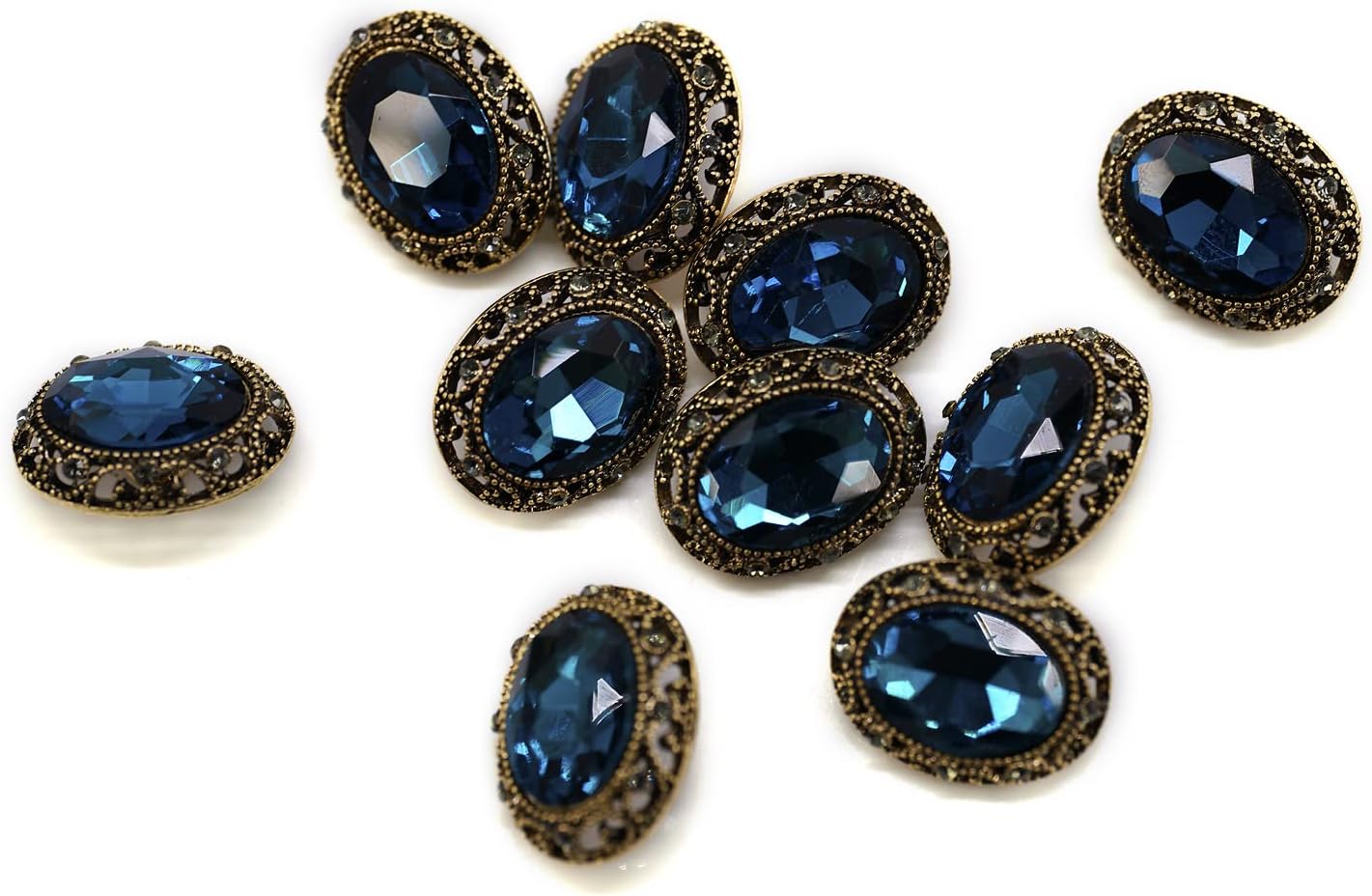 10 pcs Whole Oval Cut Blue Rhinestone Vintage Copper Hollow Metal Shank Sewing Coat Buttons -25mm -1"