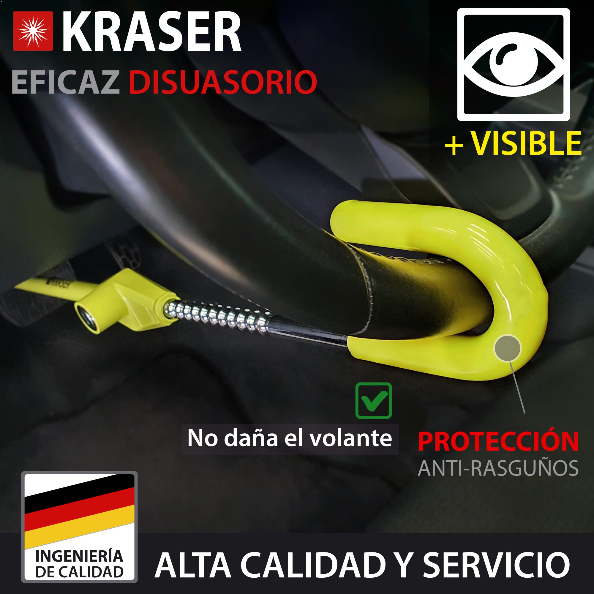 KRASER KR835 Antirrobo Coche Volante Pedal, Barra Amarilla Alta Visibilidad, Cierre Seguridad en Acero, Ajuste Gancho Más Extensible, Cepo Coche Universal Autocaravana Furgoneta