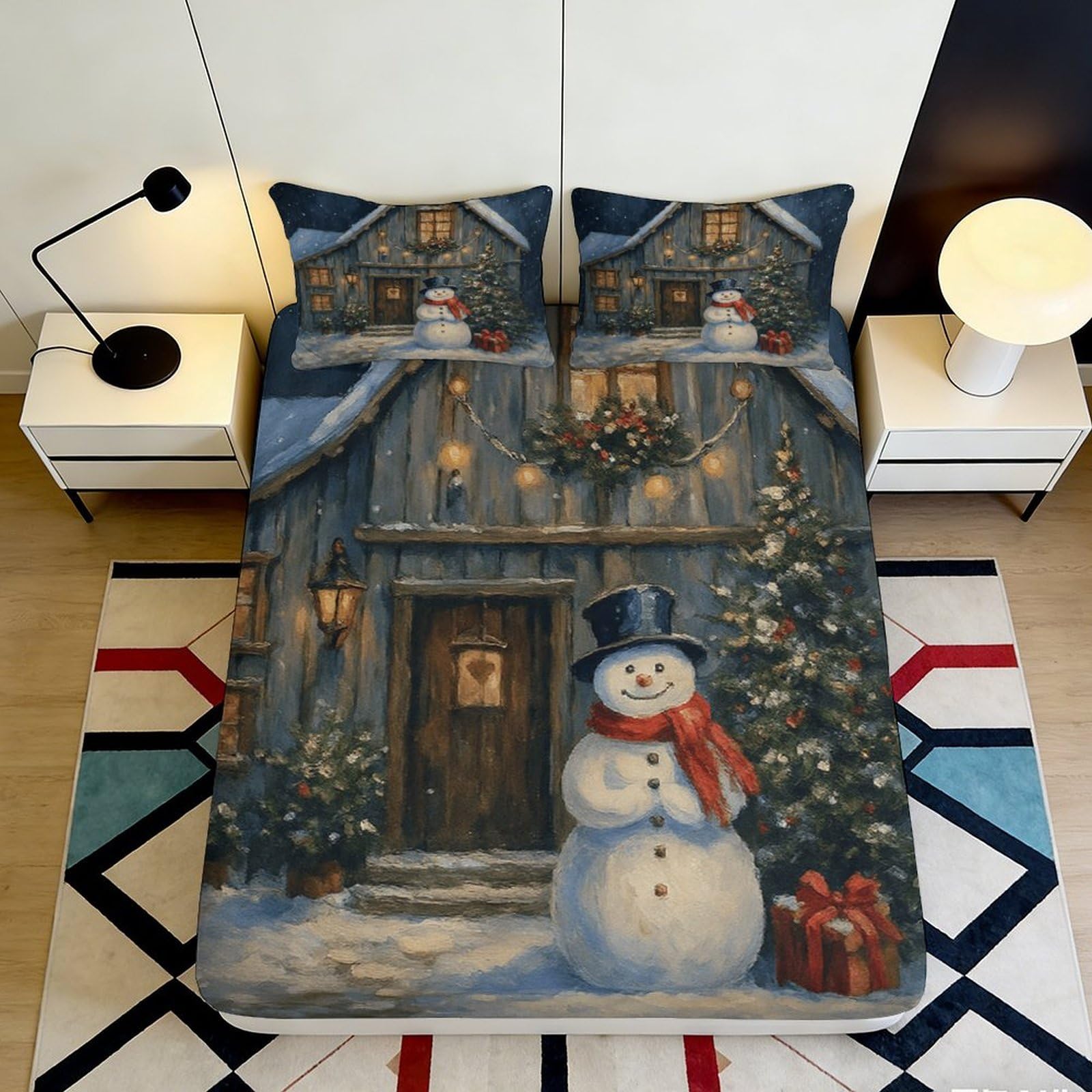 Pnayamiorkfel Style-10 3D Printed Snowman Cottage Fitted Sheet Microfiber Christmas Tree Bed Cover For Bedroom Guest Room Decor 90X200x25cm