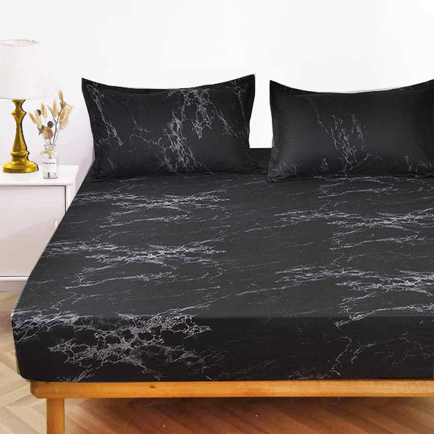 Nanko King Fitted Sheet 78x80 Deep Pocket Mattress Only Black Marble Printed Luxury Cool Soft Lightweight Microfiber Bedding Set 2 Pillowcases 11 12 14 inch