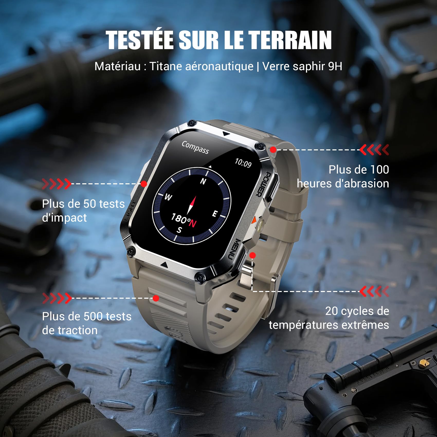 IOWODO Montre Connectée Homme Femme W70pro, Illumination,Batterie 900 mAh, Écran Tacile 2.01" TFT, Appel Bluetooth, Cardiofréquence/SPO2, Analyse Sommeil, 100+ Modes Sport,pour Android/iOS (Kaki)