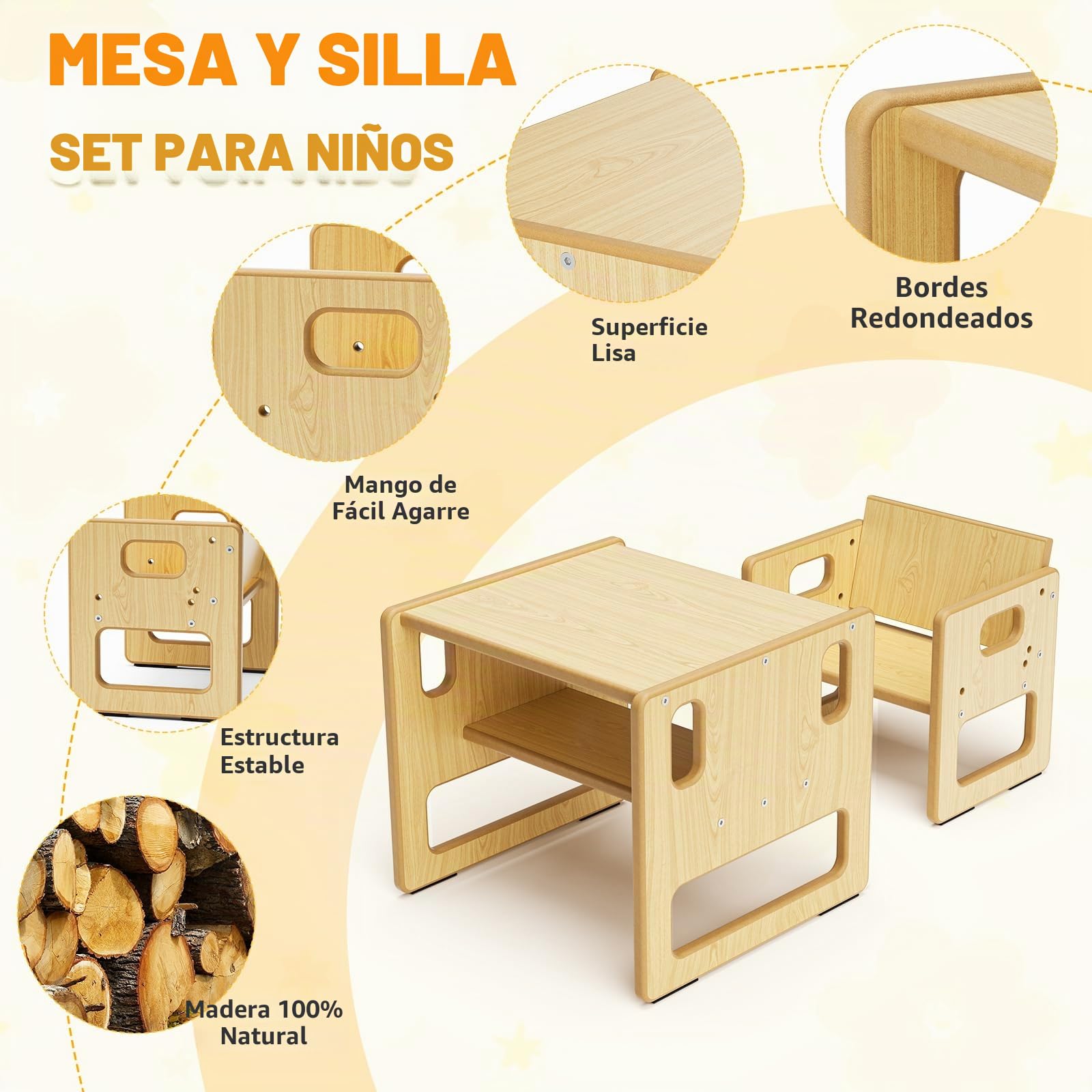Mesa y Silla para Niños, Mesa de Madera Montessori con Almacenamiento, Adecuada para Niños para Leer, Jugar, Comer