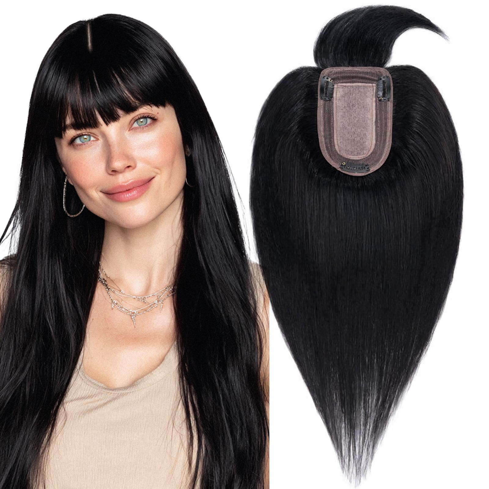 Human Hair Topper with Bangs 12 Inch Lace Base Clip-In Hairpiece Short Thin Hair Toppers for Women Real Remy Human Hair  main image 2