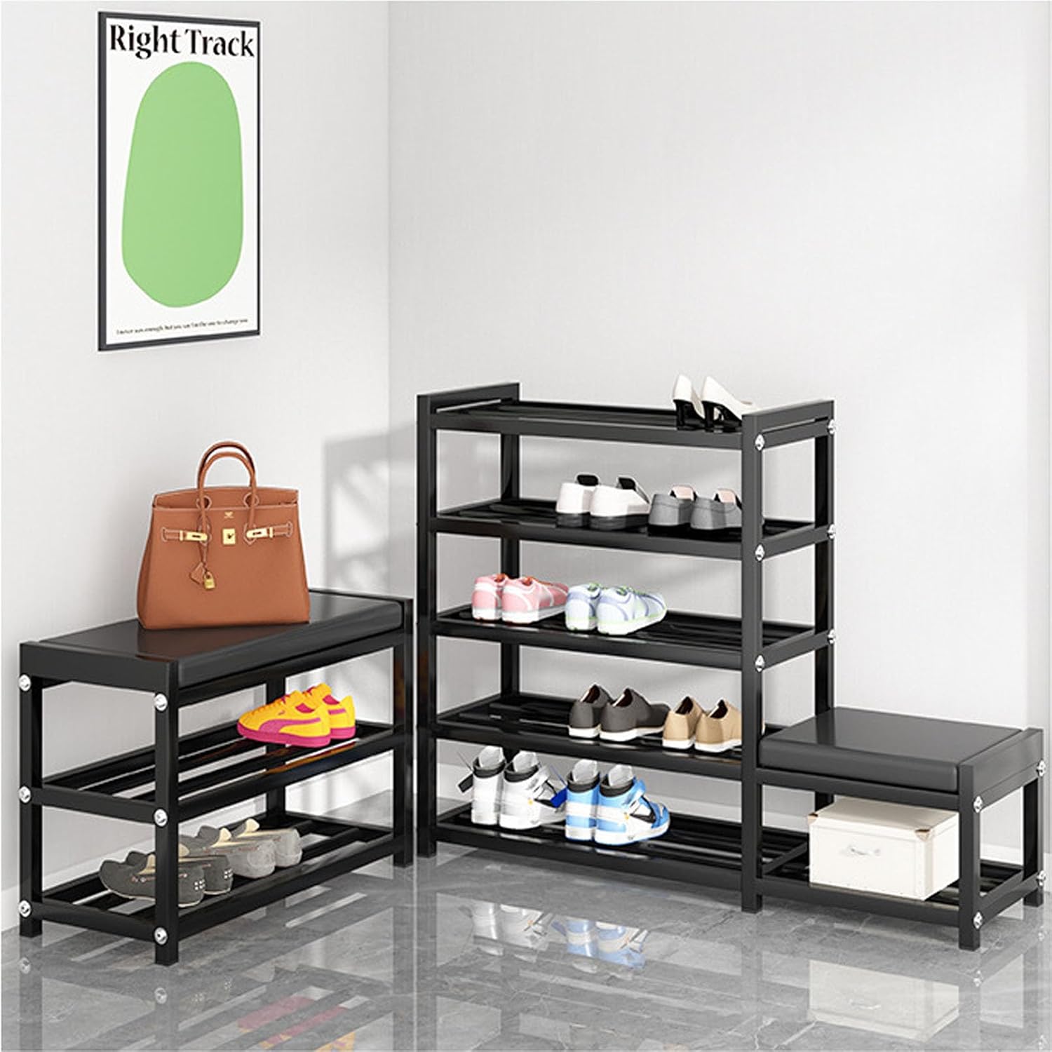 Upholstered Entryway Bench, Stainless Steels Shoe Rack, Bedroom Bench Dining Bench with PU Leather Padded Seat for Kitchen, Living Room, Storage Shelf with High and Low Levels