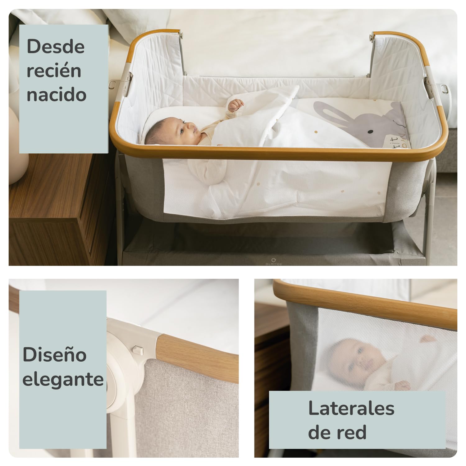 Olmitos - Minicuna de Colecho Stella – Cuna Bebé 2 en 1 Desde el Nacimiento, Altura Ajustable, Lateral Abatible, Incluye Edredón y Bajera - con mosquitera (Gris)