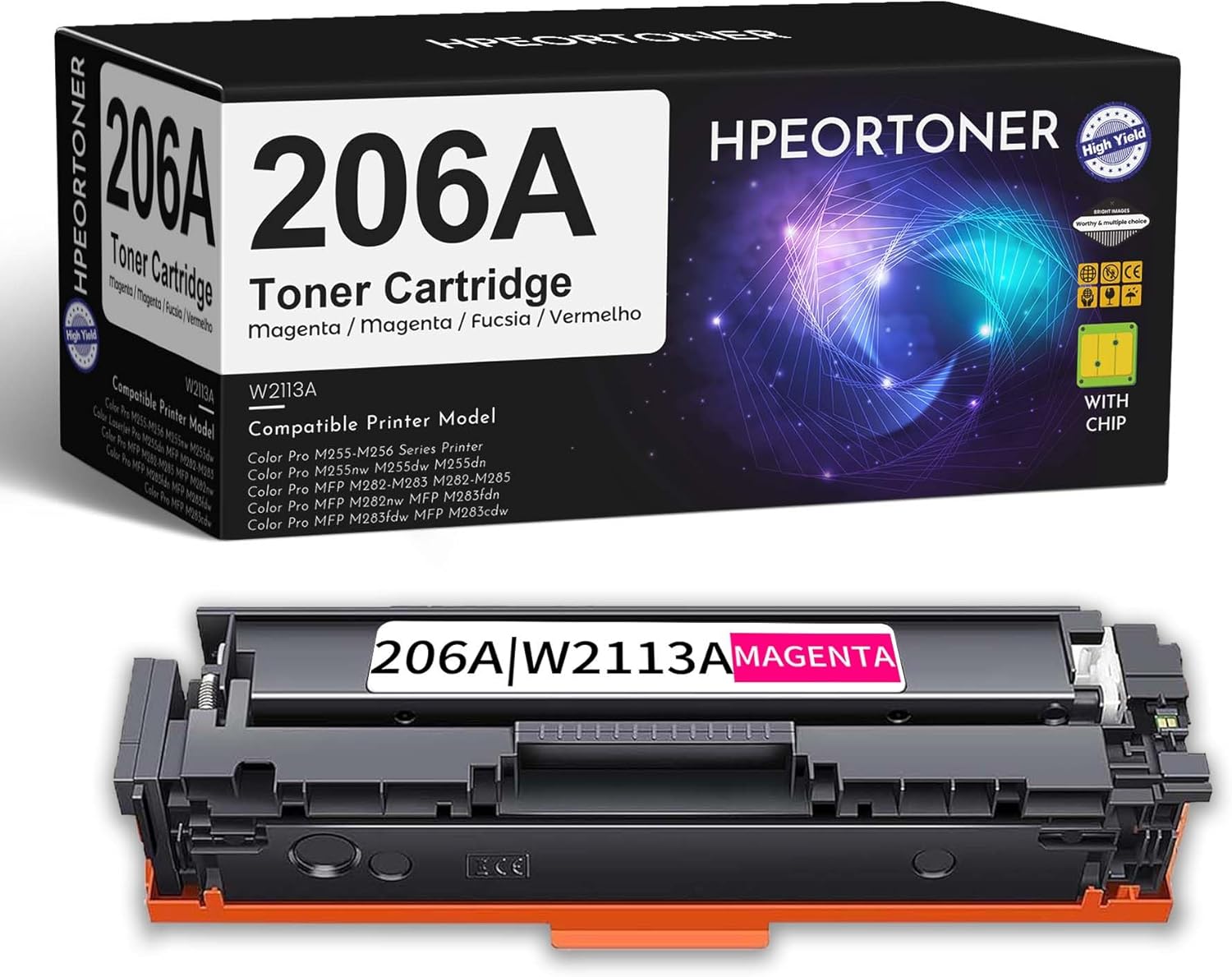 1 Pack 206A | W2113A Magenta Toner Cartridge, High Yield 1,370 Pages, Replacement for HP 206A | W2113A Color M255-M256 Series Color M255nw Color M255dw Color M255dn Color MFP M282-M283 Series Printer