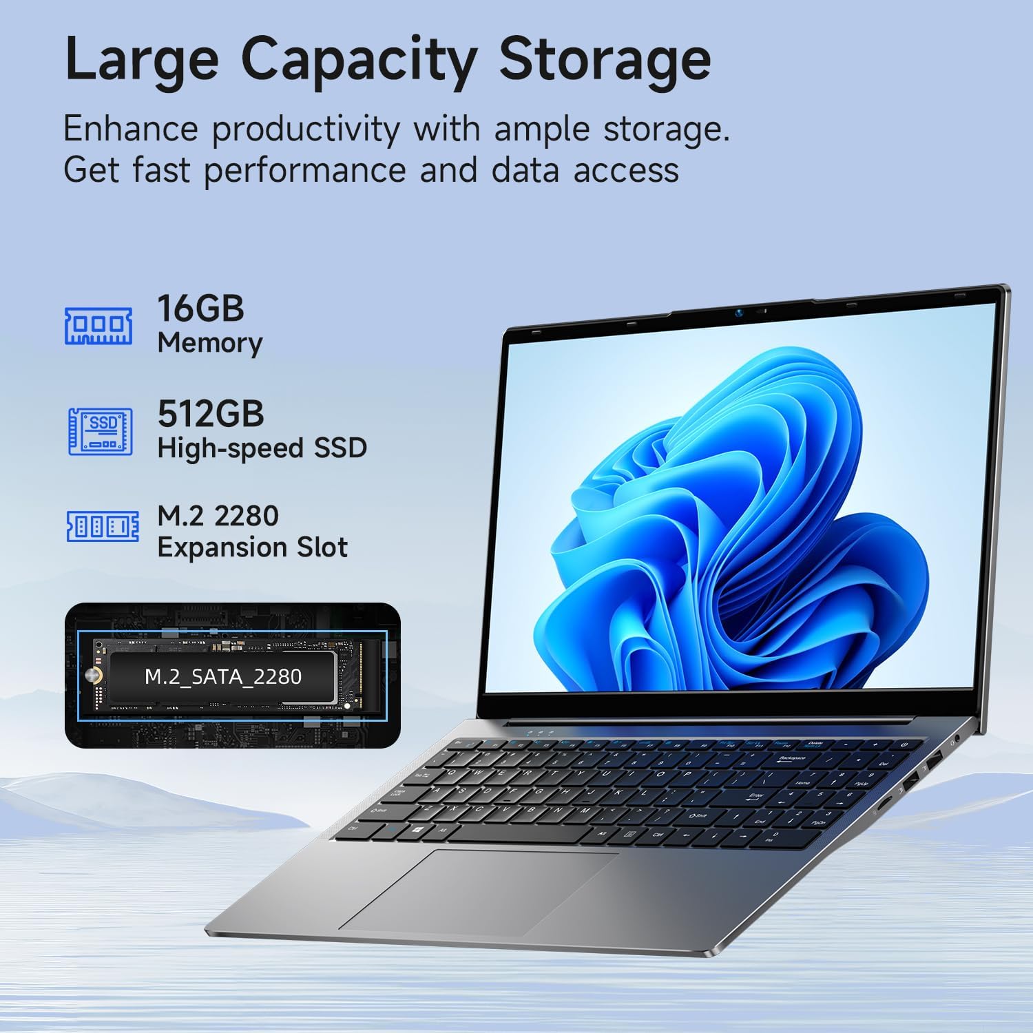 Bmax X15 Pro Laptop showing 16GB Memory, 512GB SSD, and M.2 Expansion Slot