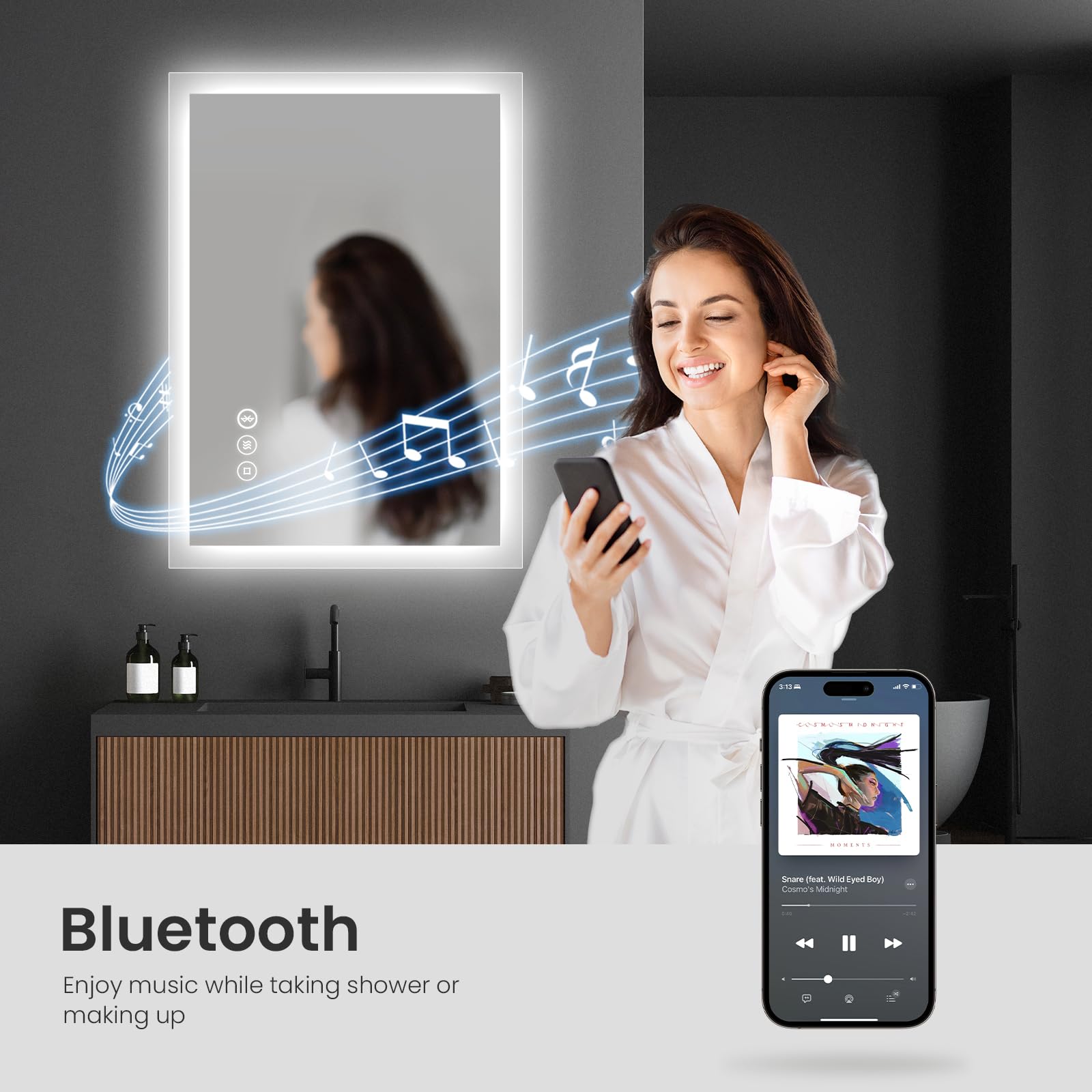 EMKE Espejo de baño Bluetooth con Enchufe para afeitadora, 450 x 600 mm, Espejo de baño Iluminado con Ambiente Azul con 3 Tonos de Color, Regulable, función de Memoria, antivaho montado en la Pared