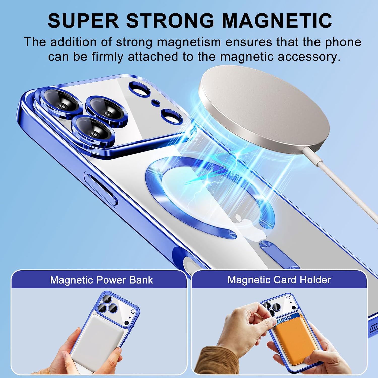 Astter Glossy Luxury Magnetic for iPhone 17 Pro Max Case with Screen Protector & Camera Protector,Compatible with MagSafe Slim Clear Military Grade Drop Protection Women Phone Case for 17 ProMax-Blue image 3