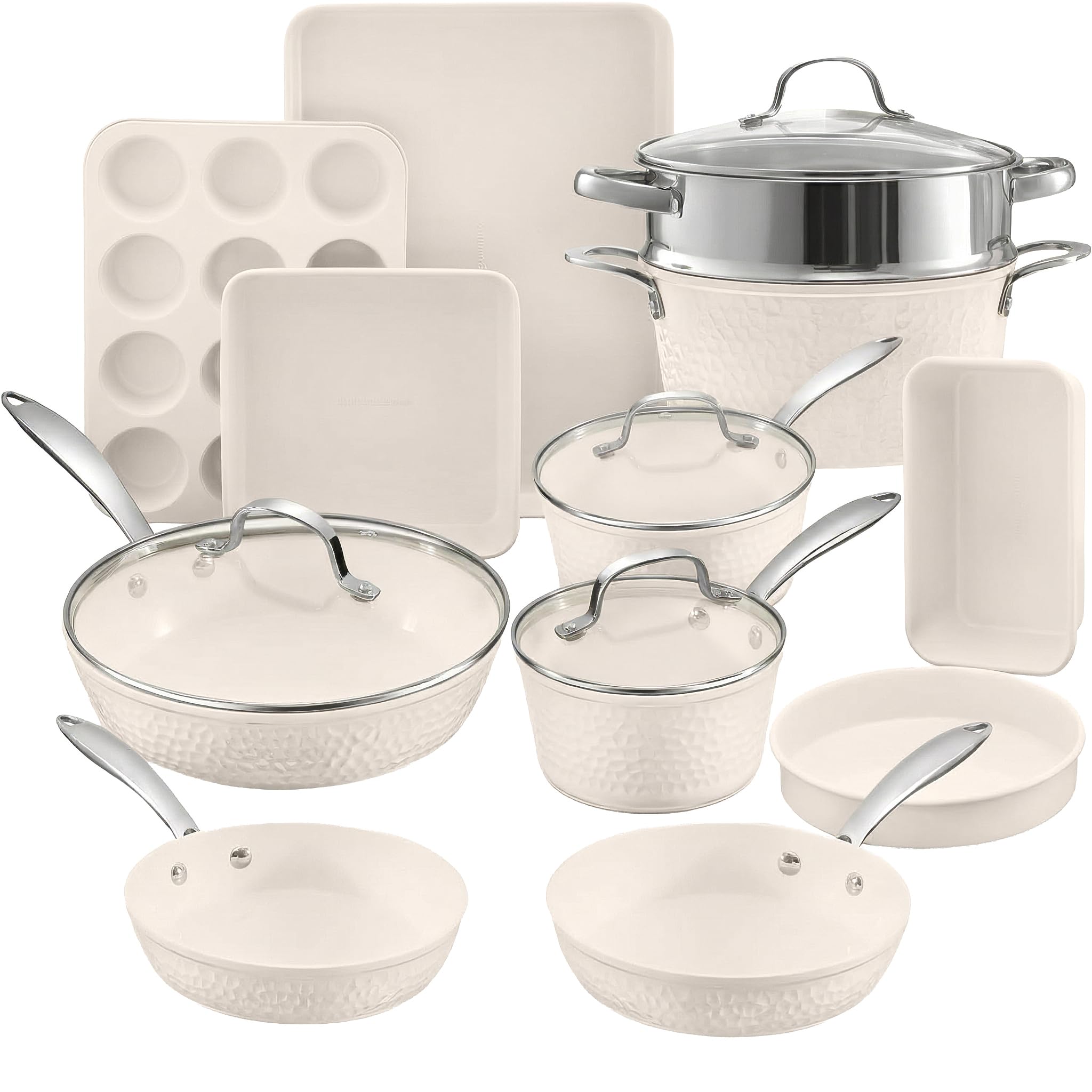Gotham Steel Hammered 15 Piece Pots and Pans Set Non Stick Cookware Set, Pot and Pan Set, Kitchen Cookware Sets, Non Toxic Ceramic Cookware Set, Induction Cookware, Dishwasher Safe, Cream White