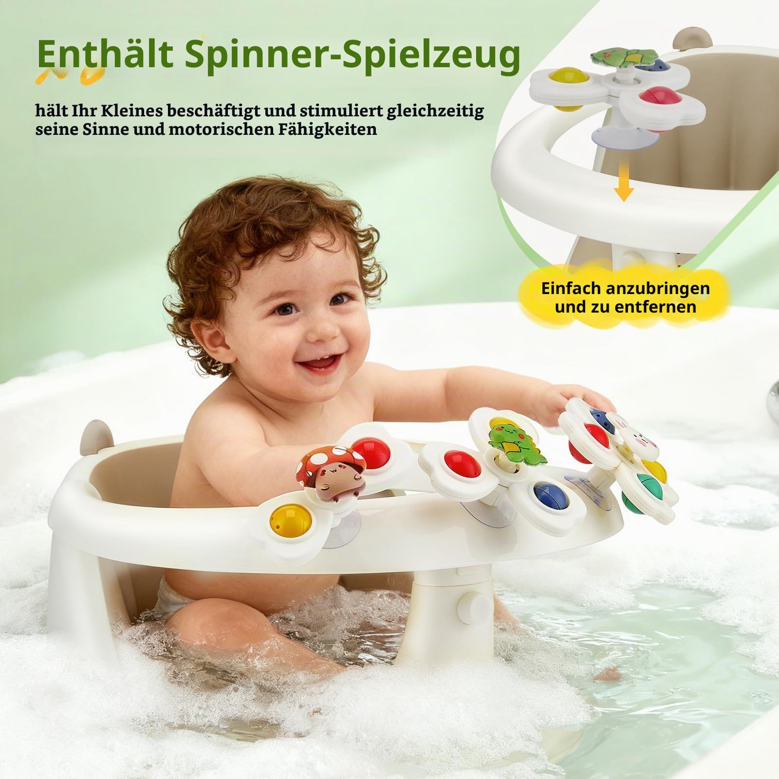 2-in-1 Baby-Badesitz mit Spielzeug ab 6 Monaten – Ergonomischer Badeaufsatz mit 4 Saugnäpfen, rutschfester Badesitz mit Fünf Spielzeug für Babys und Kleinkinder