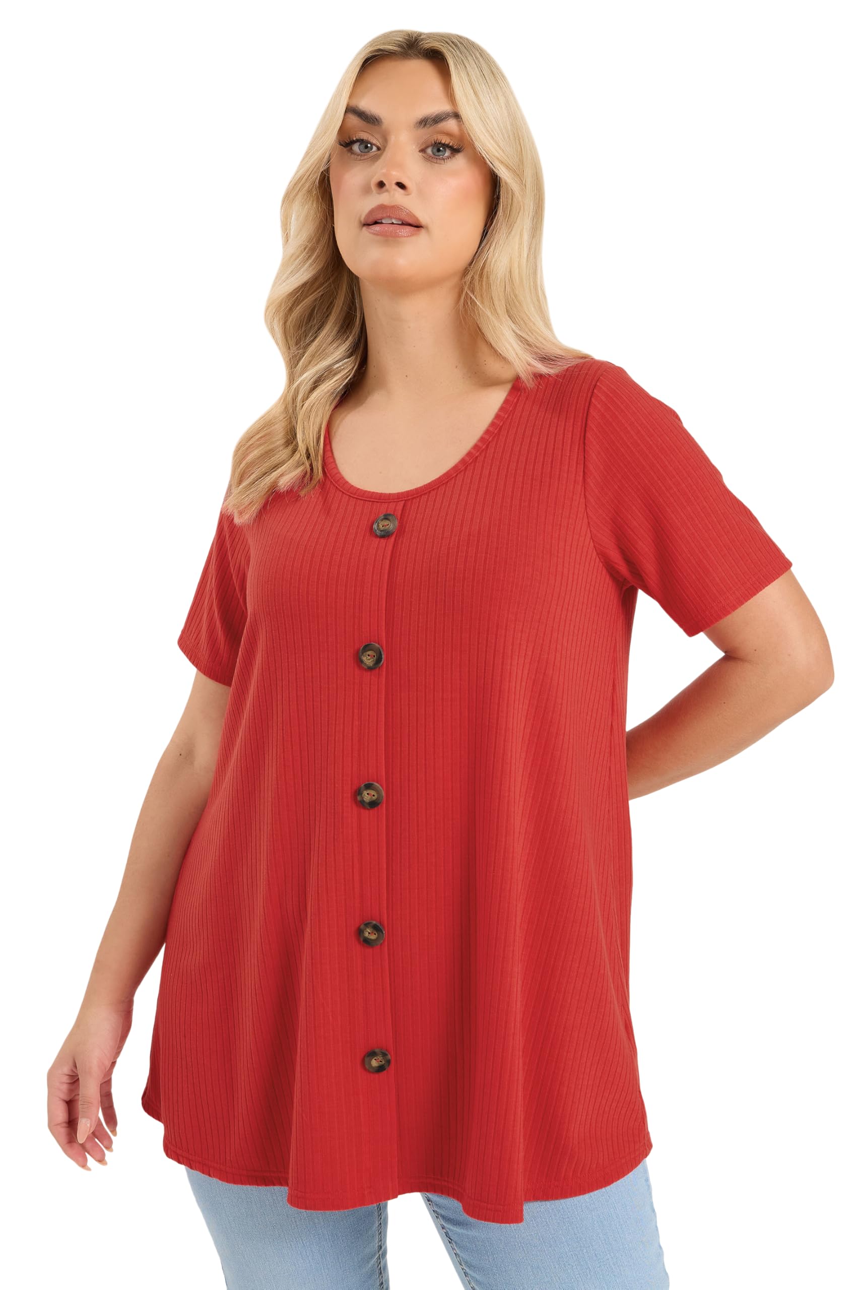 Yours Curve Button Front Ribbed Swing Top - Women's - Plus Size Curve Red