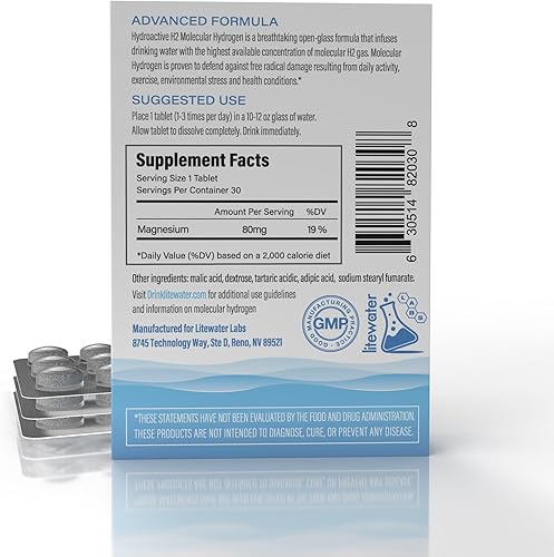 Miniatura 3 de Litewater Laboratorios de tabletas hidroactivas de hidrógeno molecular H2, 30 unidades, deuterio agotado, 8-12 PPM, para una producción óptima de
