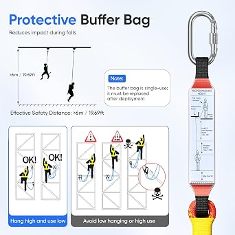 Safety Harness for Working at Height, Safety Harness with Lanyard, Full Body Fall Safety Arrest Protection Kit With 2 Hook and 2m Lanyard, Adjustable Waist Belt, Load-Bearing 100KG/220lb (Amber)
