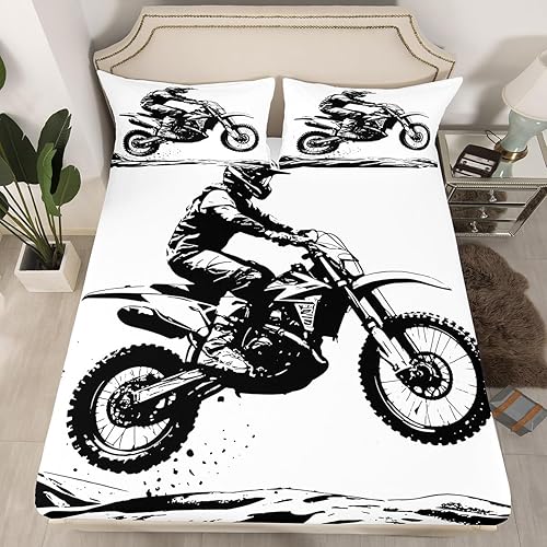 Erosebridal Juego de ropa de cama de bicicleta de tierra tamaño individual, sábana bajera ajustable de corredor de motocross, sábanas de juego de