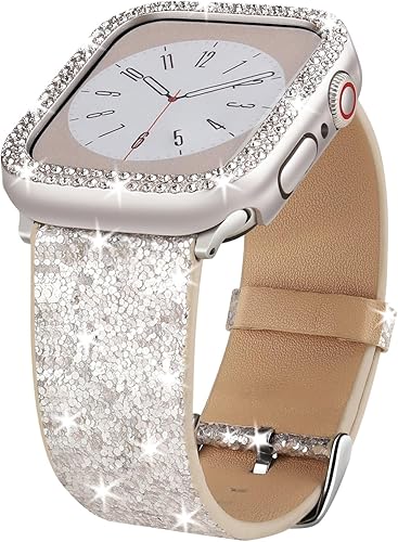 Correas brillantes compatibles con Apple Watch Band + funda Ultra 21 de 1.49, 1.57, 1.61, 1.65, 1.73, 1.77 y 1.73 pulgadas, correa de cuero con