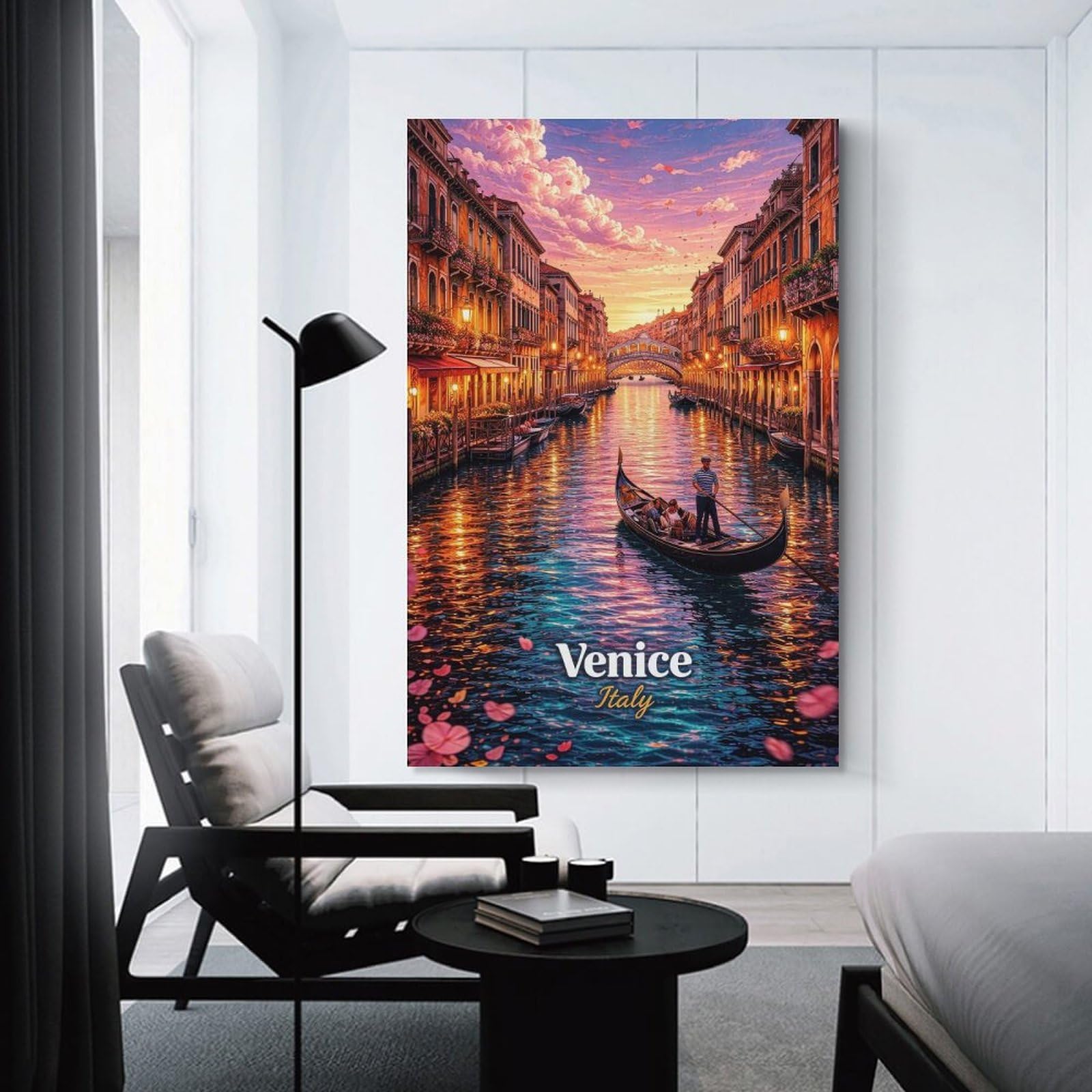 Junmoney Hanging Wall Art Venice Canal at Sunset, 24x36inch(60x90cm), for Wall Displays, Bedrooms Or Room Updates, Decorative Artwork with Flexible Styling
