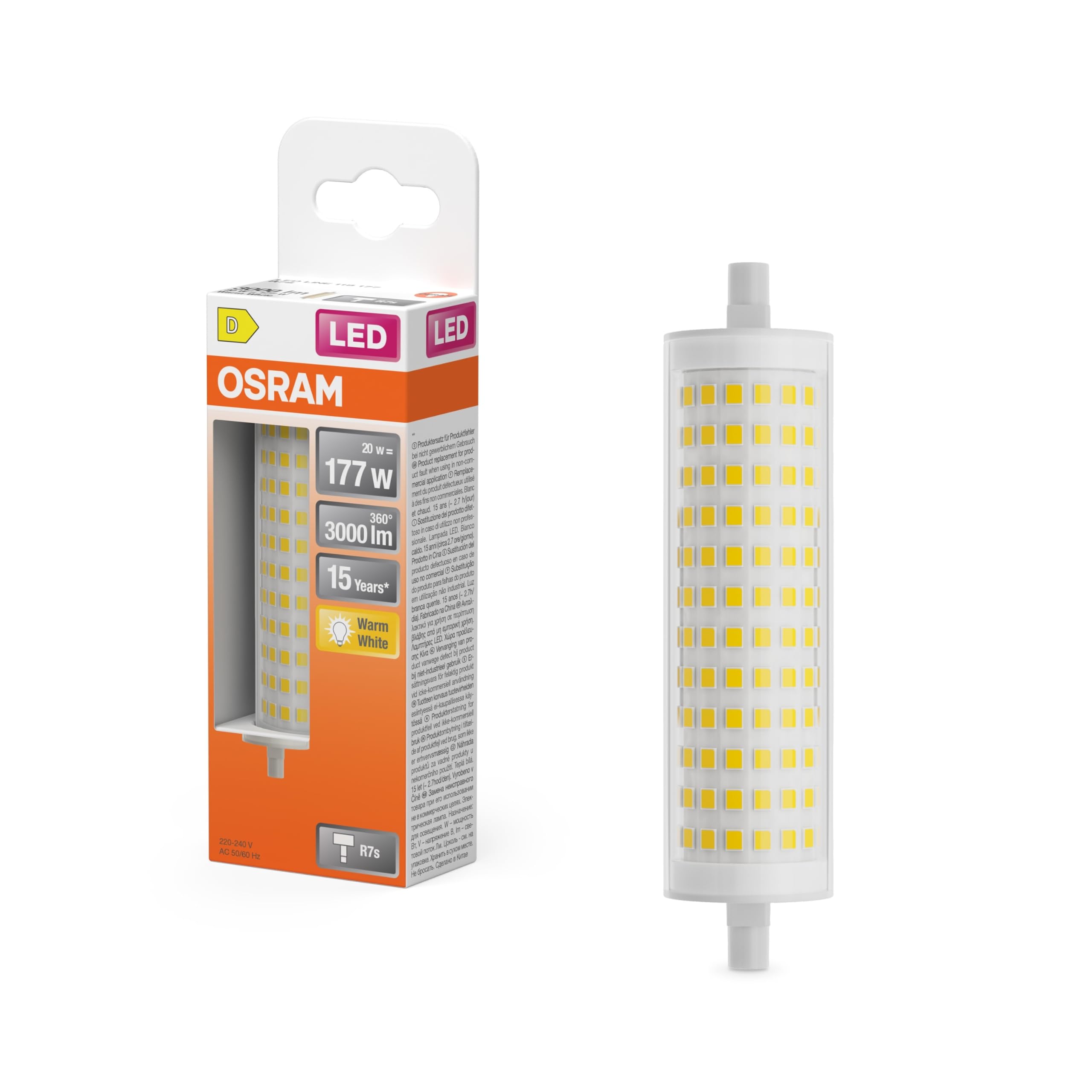Osram LED Line LED-Lamp mit Filament, klarer Leuchtkörper aus Kunststoff, 20 W, R7s Retrofit-Sockel, EEK D, 3000 lm, 3000 K warmweißes Licht für die Allgemeinbeleuchtung.