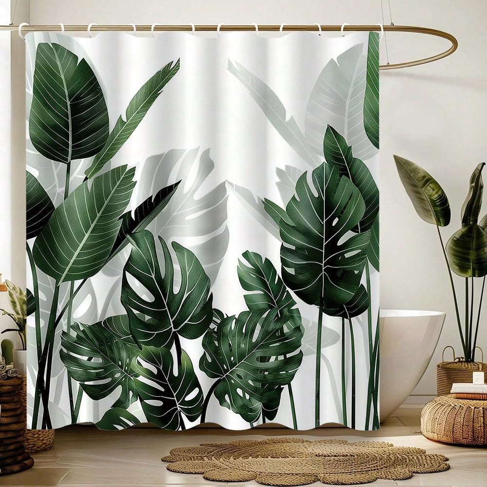 GLKSDLPO 1pc Vibrant Green Leaf Shower Curtain - Waterproof Grommet Accessory Bathroom Decor With 12 Hooks Back To School(183x214cm/72x84in(WxH))