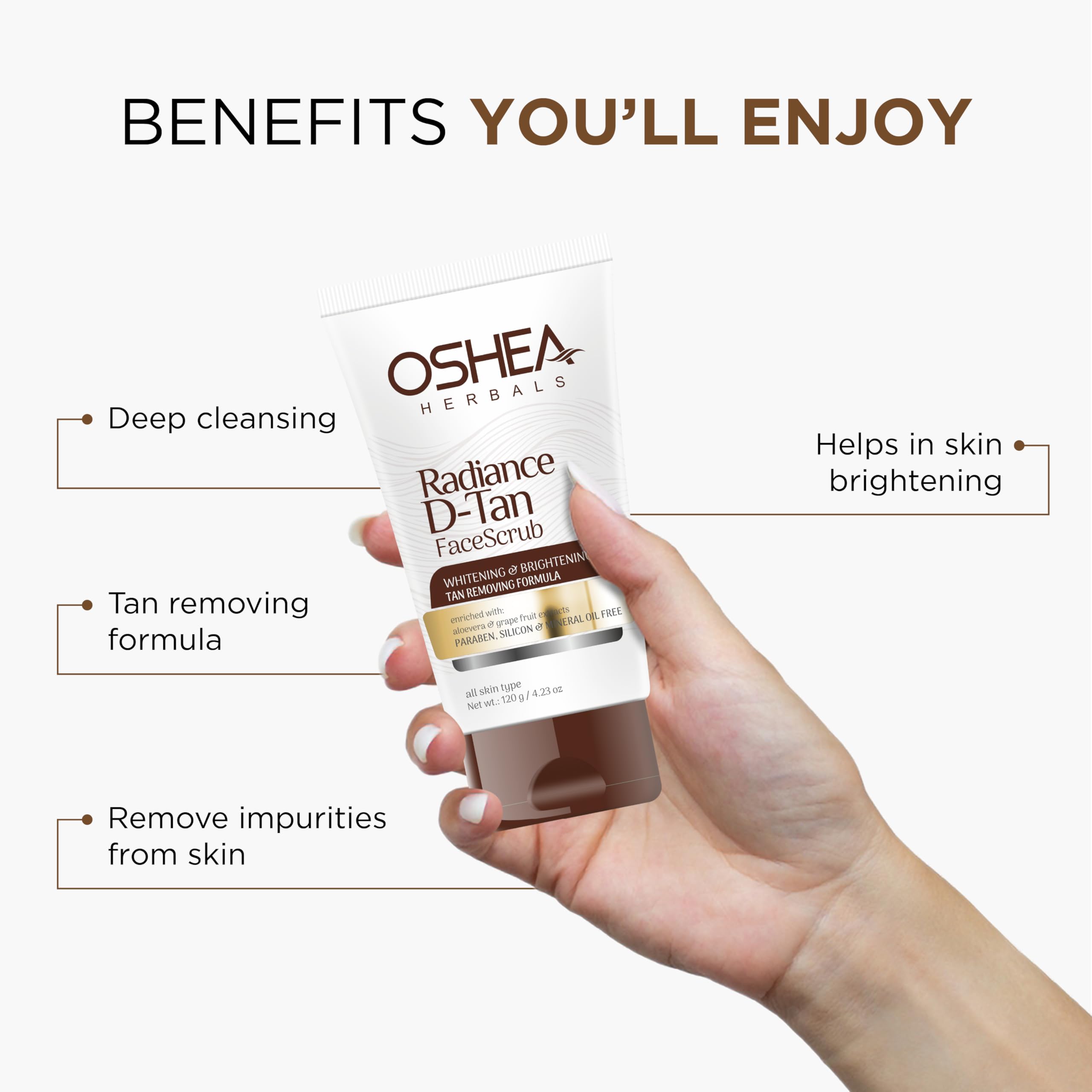 Oshea Herbals Radiance DTan Face Scrub for Women & Men | Deeply Exfoliates & Remove Impurities | Reduces Tan & Brightens Skin Tone | Enriched with Aloevera & Grape Fruit Extract | All Skin Types -120g - Image 3 thumbnail