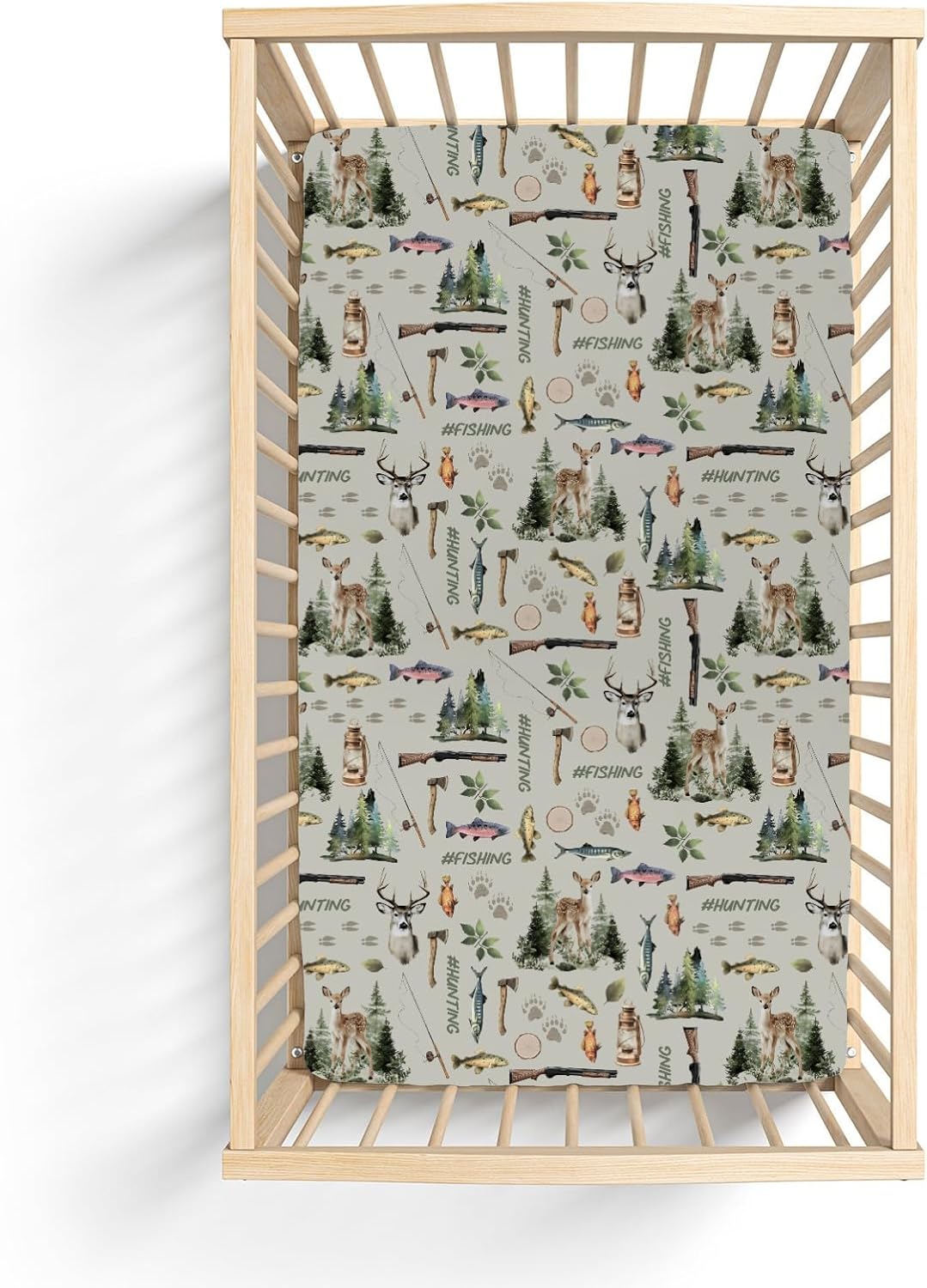 Fishing Hunting Baby Crib Sheets for Boy Girl 28"x52" Bass Fish Deer Paws Green Trees Soft Snug Fitted Crib Mattress Cover Nature Hunting Animals Baby Sheet for Standard Crib & Toddler Mattress Pad