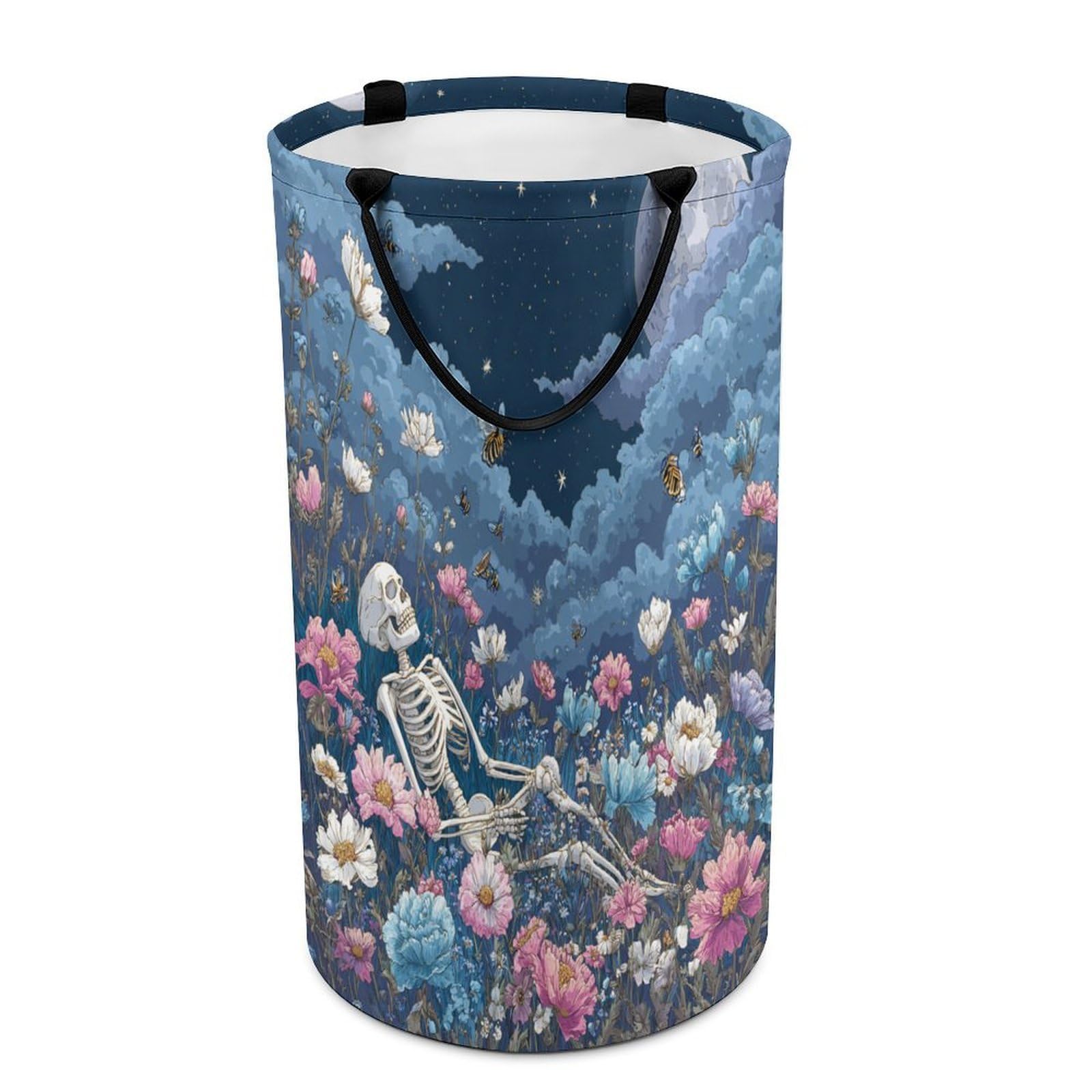 LUYYSKY Classic Abstract Skull Skeleton Versatile Storage Laundry Basket, Retro Watercolor Full Moon Animals Butterflies Plant Flowers Large Bathroom Laundry Hamper With Handle-40 CM Dia, 69 CM High