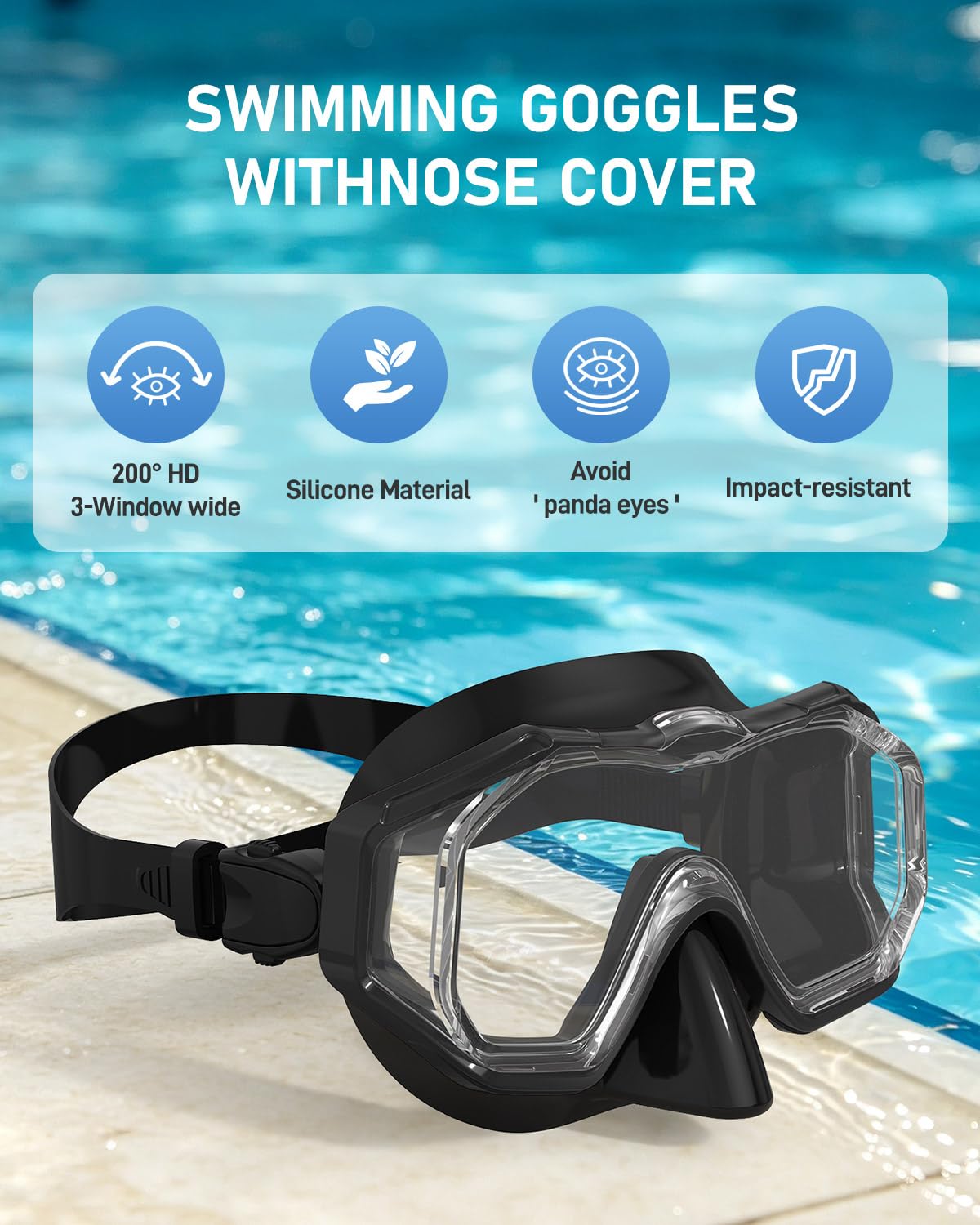 W WSTOO Gogle pływackie z osłoną na nos, najnowsza soczewka HD z 3 oknami, szeroka wizja, maska do snorkelingu, przeciwmgielna i przeciekowa, dla dorosłych, młodzieży i dzieci, pływania, snorkelingu
