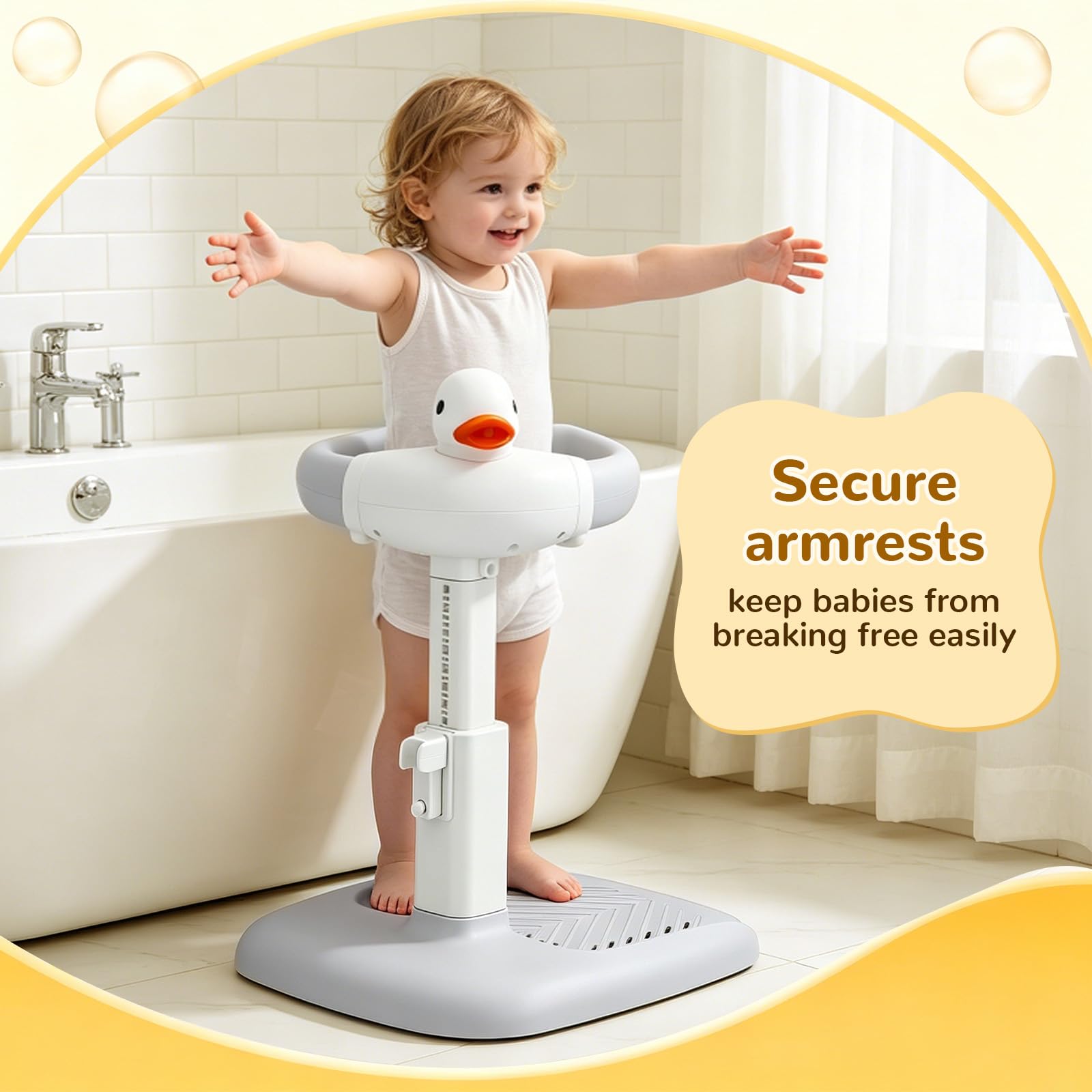 Supporto Doccia Bambini in Piedi con Bracciolo Semiautomatico, Altezza Regolabile 45-63 Cm, Sedile Doccia Antiscivolo, Schienale Ergonomico, Base Stabile, Include Papera Squittente (Grigio-Bianco)