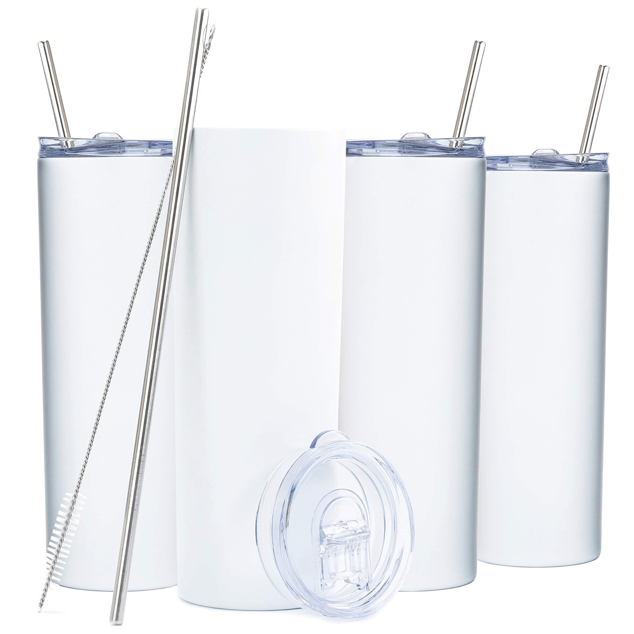 STRATA CUPS Skinny Tumblers with Lids and Straws (4 Pack) - 20 oz Double Wall Insulated Slim Stainless Steel White Tumblers with Straw Cleaner | Reusable Travel Mug for Hot and Cold Beverages