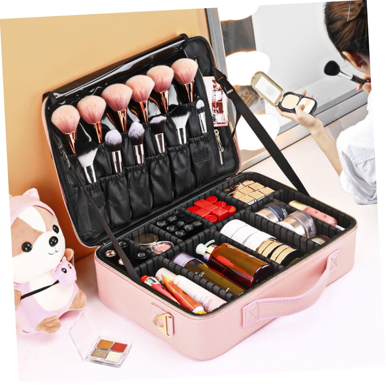 Neceser de Maquillaje Rosa de Gran Capacidad en Piel PU