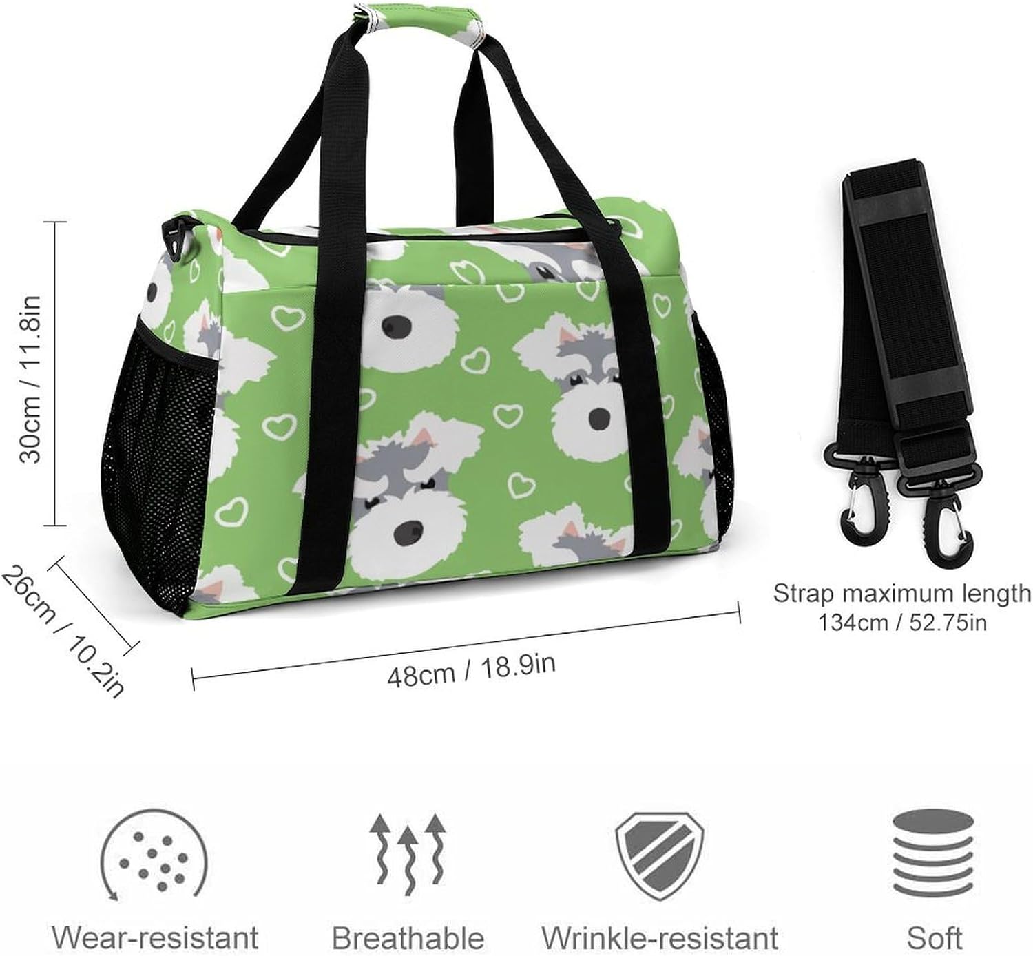 シュナウザー ハート グリーン 旅行バッグ キャリーオンバッグ ボストンバッグ スポーツバッグ 大容量 収納 出張 シューズ収納 修