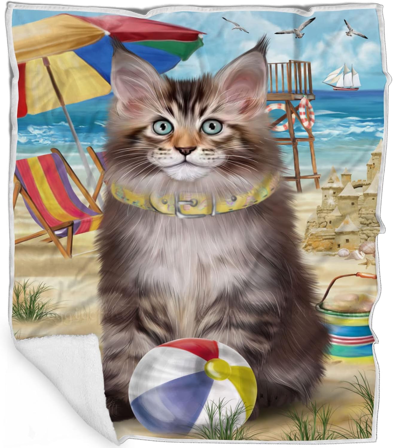 Pet Friendly Beach Maine Coon Cat Blanket - Lightweight Super Soft Cozy and Durable Bed Blanket - Animal Theme Fuzzy Blanket for Sofa Bed Couch BLNKT56316 (50x60 Woven)