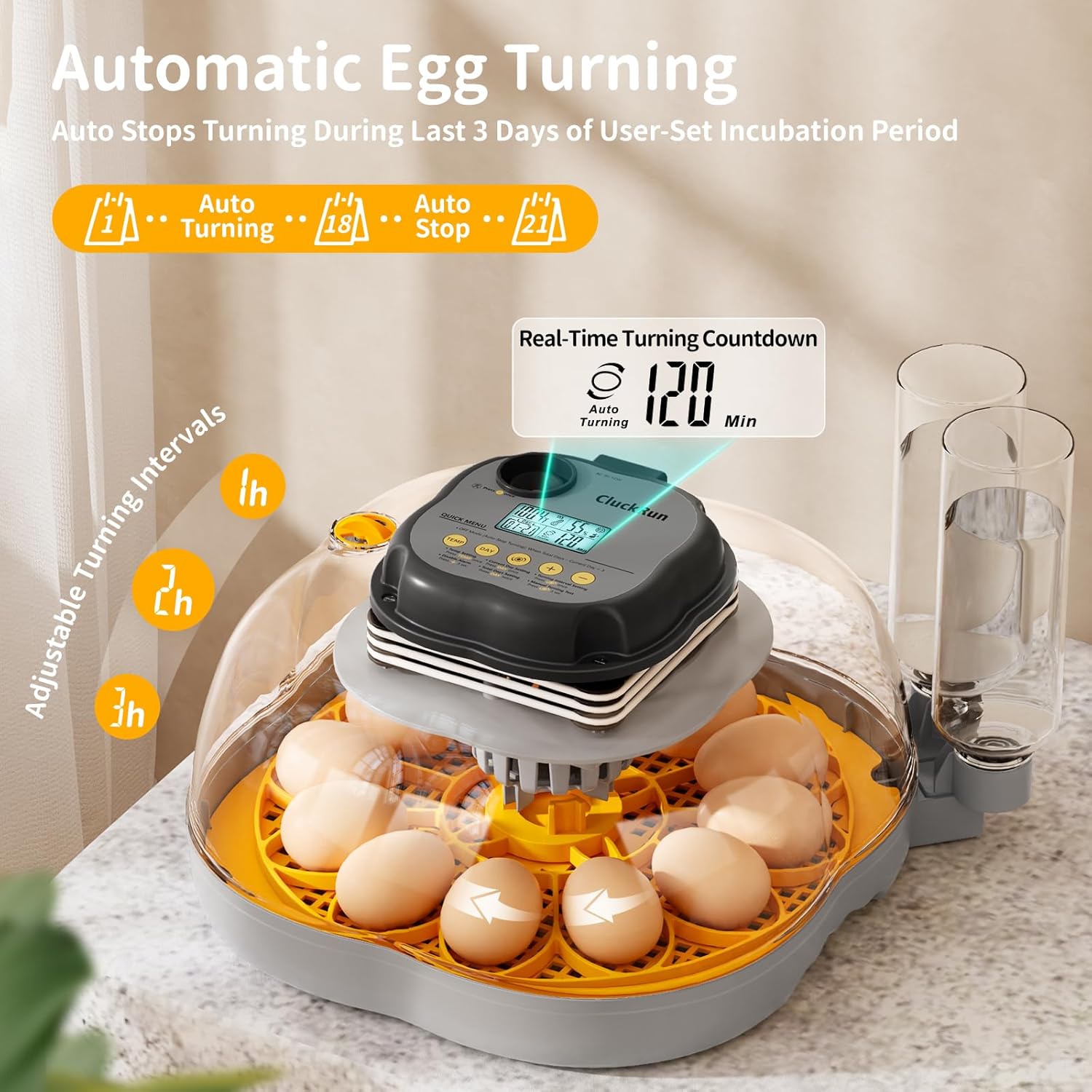 Chicken & Quail Egg Incubator, 12 Egg Incubators for Hatching Eggs, Two Egg Trays, Automatic Egg Turning with Auto Stop, Incubation Day & Period, Auto Refill, Egg Candler, Air Vent, 360° Clear View