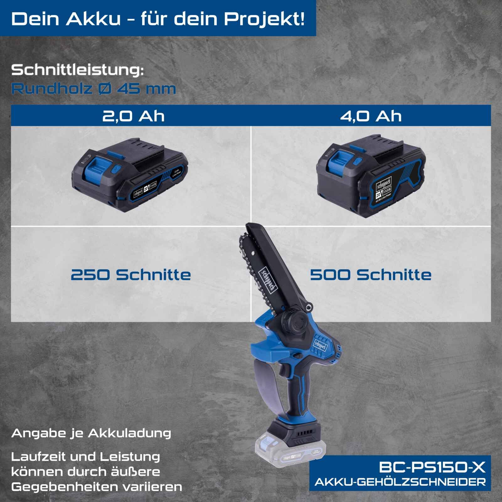 Scheppach Akku Gehölzschneider BC-PS150-X | Schnittlänge 150mm | Schwertlänge 6" | Schnittgeschwindigkeit 6,8 m/s | Autom. Kettenspannung | 20V-IXES-Serie | 10 Jahre Garantie | Ohne Akku & Ladegerät