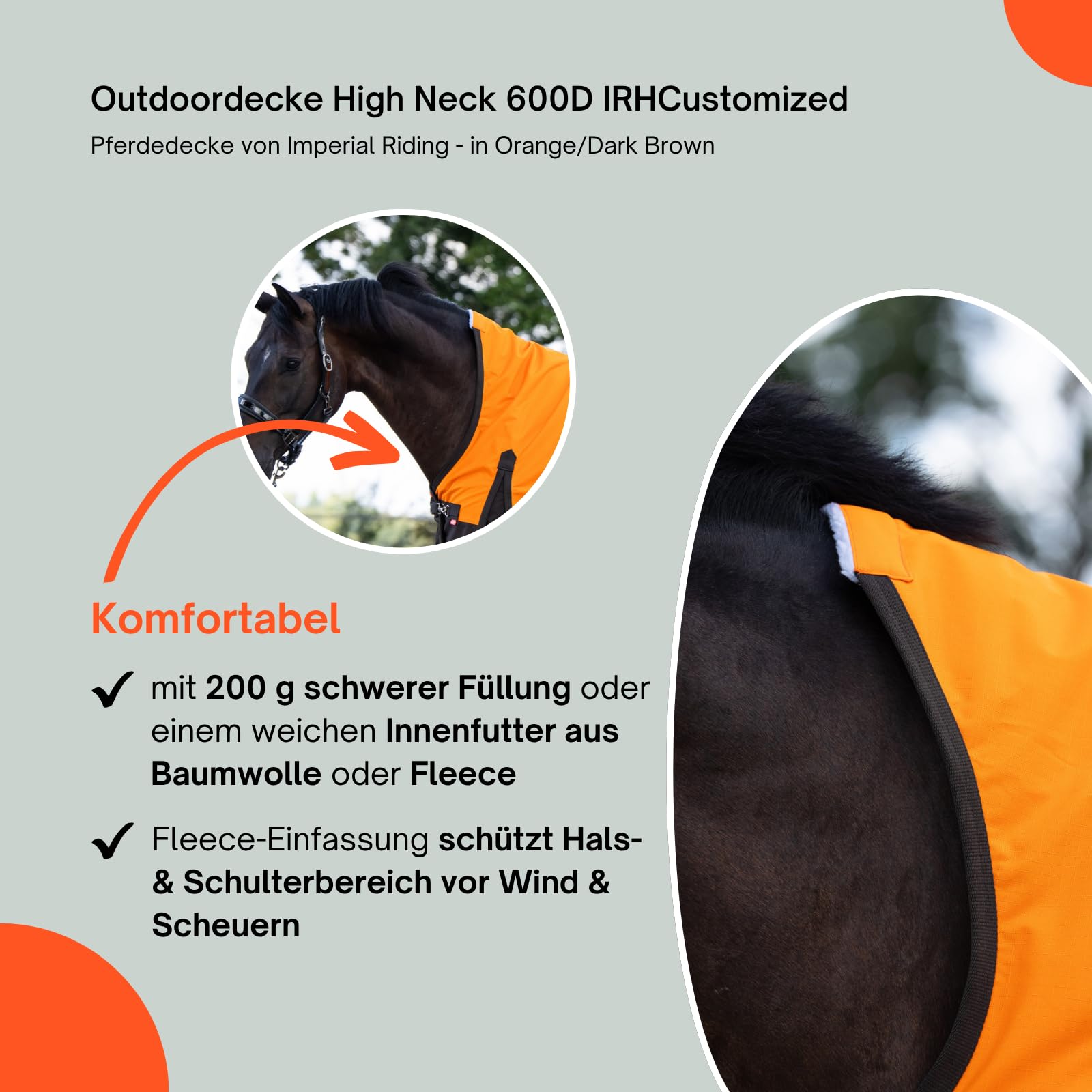 Imperial Riding - Outdoordecke High Neck 600D IRHCustomized – Regendecke – strapazierfähige & wasserdichte Weidedecke mit Baumwollfutter – Pferdedecke in Orange/Dark Brown – 145cm