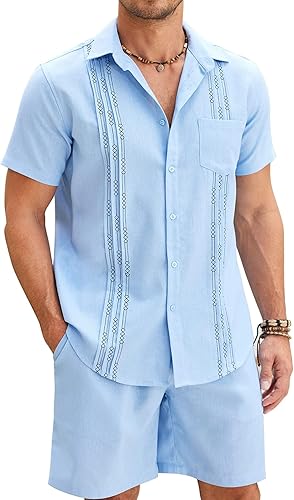 COOFANDY Conjuntos de lino para hombre, 2 piezas, camisas cubanas de manga corta, traje de lino guayabera