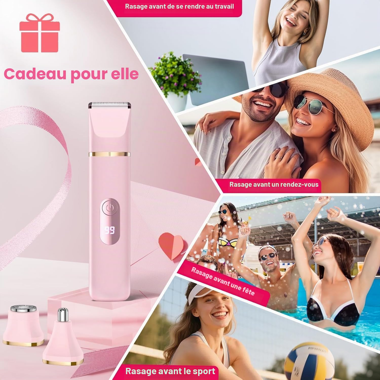 Rasoir Electrique Femme 5 en 1 Tondeuse Bikini Étanche IPX7 Rasoir Intime Femme 5 Têtes Interchangeables pour Visage, Bras, Jambes, Aisselles avec Base de Charge USB