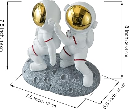 Space Themed Bookends & Decor Set - Astronaut Moon Theme (2 Pack, Black, Grey, Silver Resin)