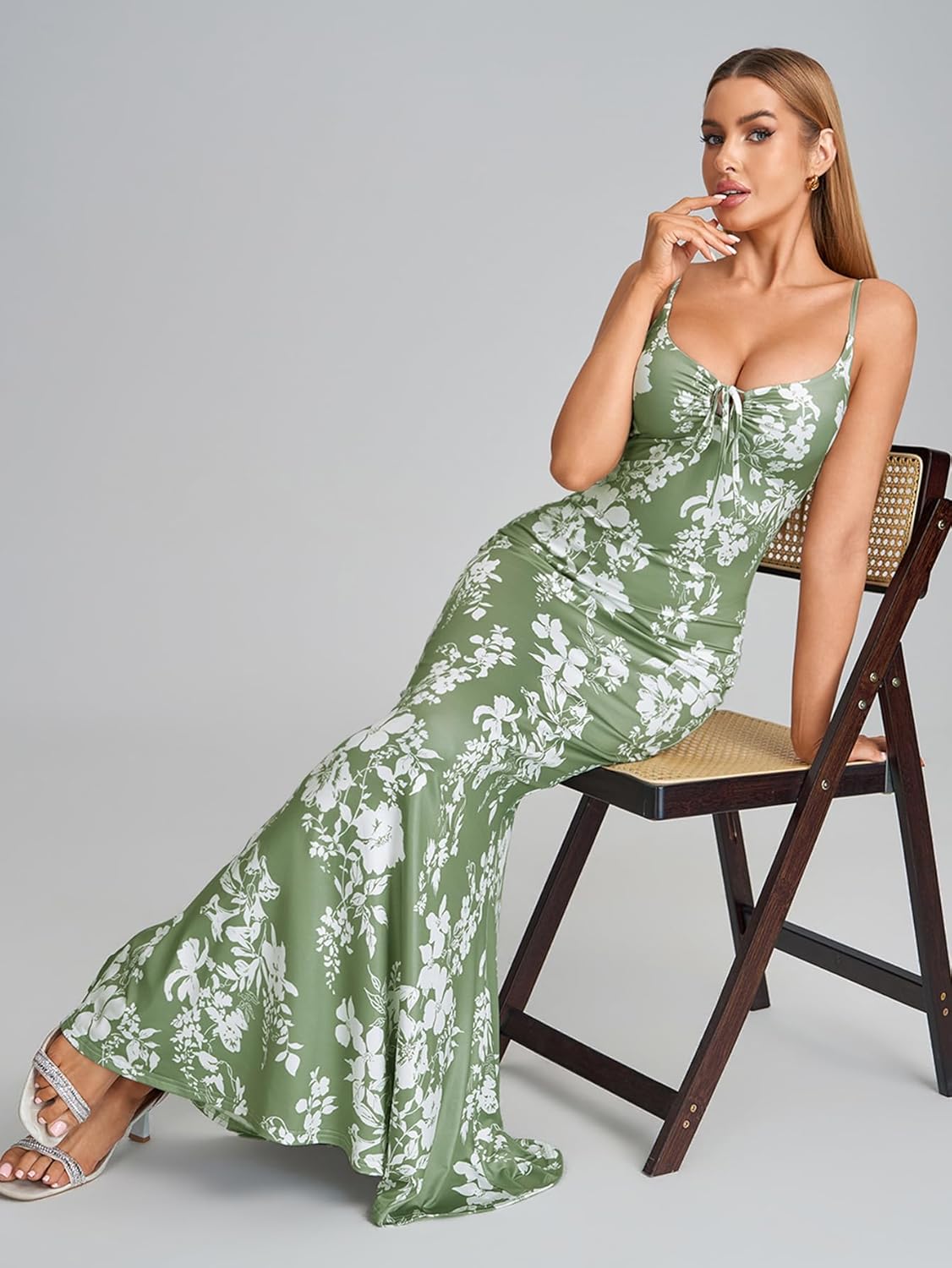 HTZMO Women Floral Summer Wedding Guest Long Dress Bodycon Lace Up Beach Vacation Party Elegant Maxi Dresses