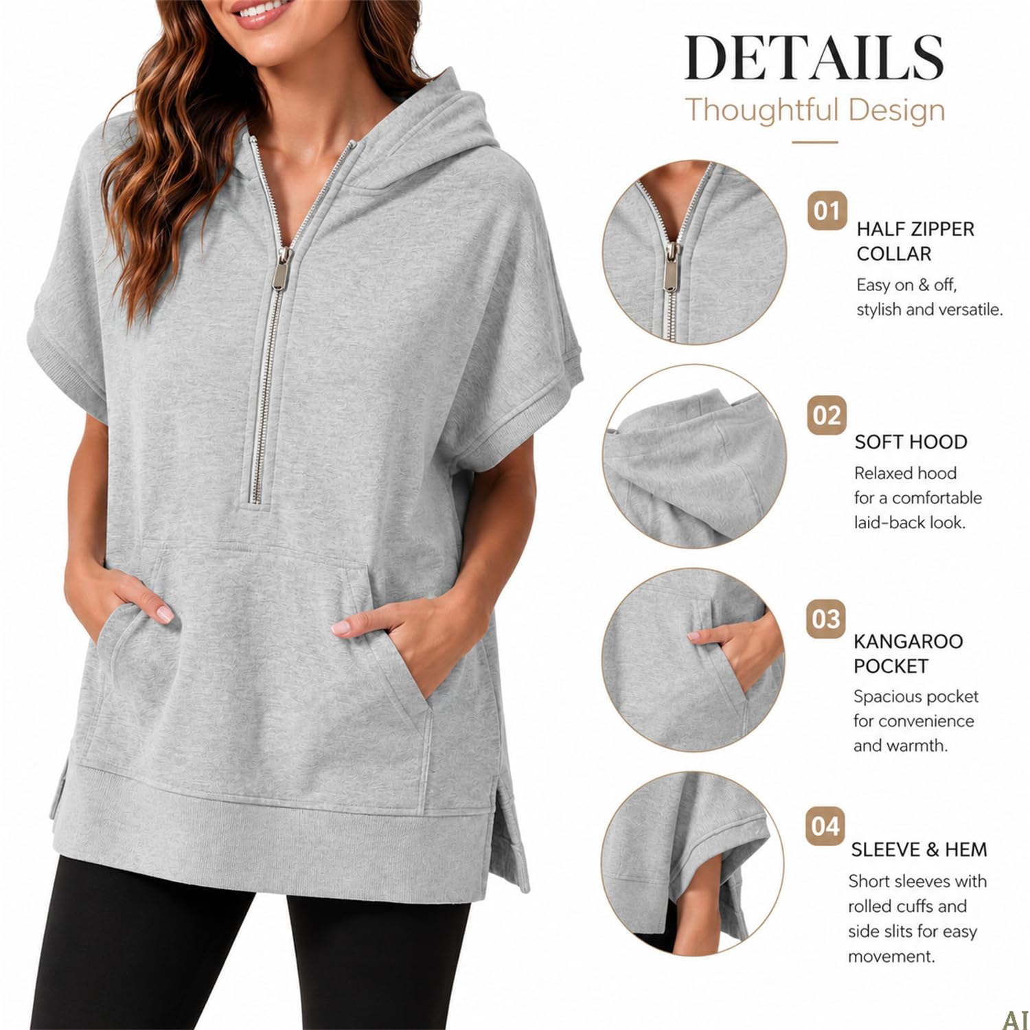 Generisch Oversized damska bluza z kapturem z zamkiem błyskawicznym do połowy długości, sweter z krótkim rękawem z zamkiem błyskawicznym i kieszenią na co dzień