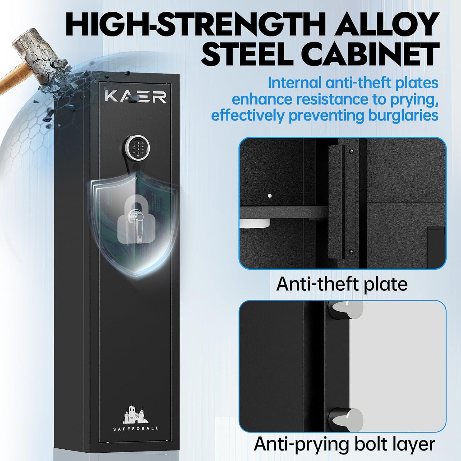 KAER 3-5 Gun Safe, Rifle Pistol Safe with Alarm & Anti-Theft Plate, Removable Shelf & LED Light for Home & Garage, Easy Assembly, Black, 51.97"H 13.78"W 11.81"D