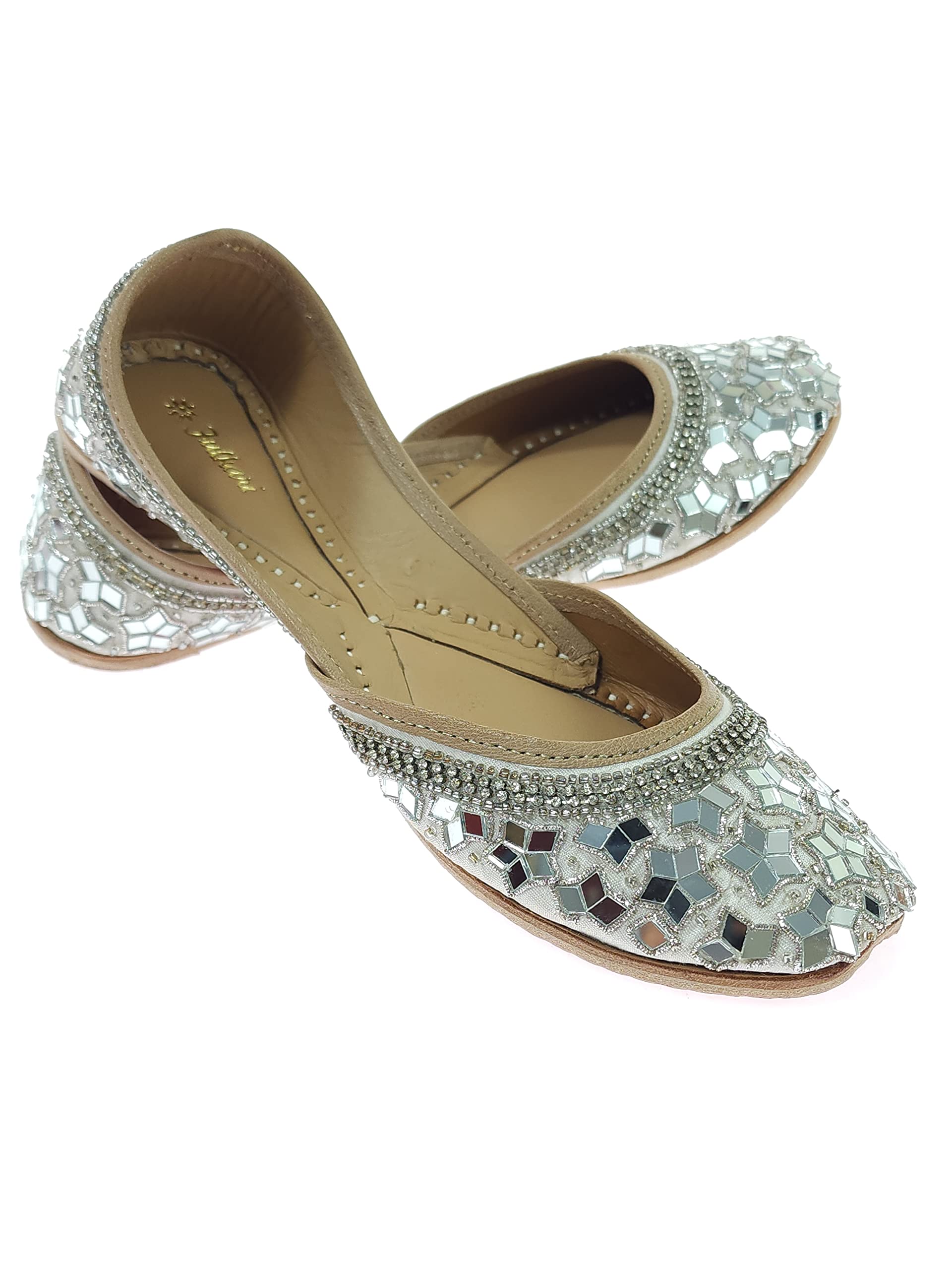 Women's Mirror Flower Genuine Soft Leather Embroidered Jutis | Bite and Pinch Free Jutti | Punjabi Formal Juttis | Girl's Wedding Flat Ladies Mojari | Formal Ethnic Juti |-image-47