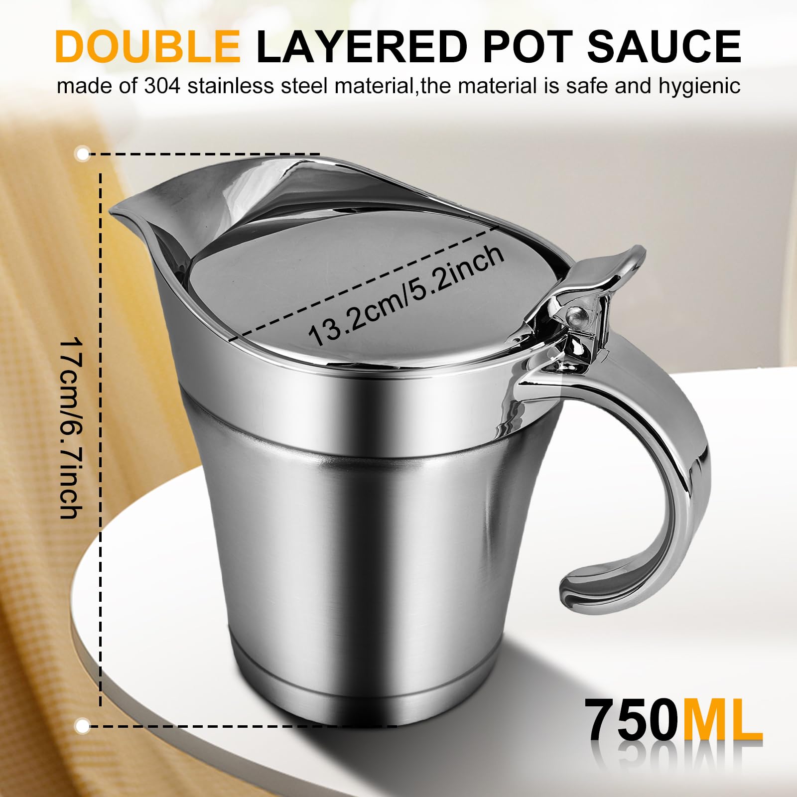 Carafe à sauce thermique en acier inoxydable avec couvercle rabattable, bol de 750 ml, double isolation, carafe à sauce argentée, récipient pour sauce thermique, gobelet pour sauce vanille, crème et